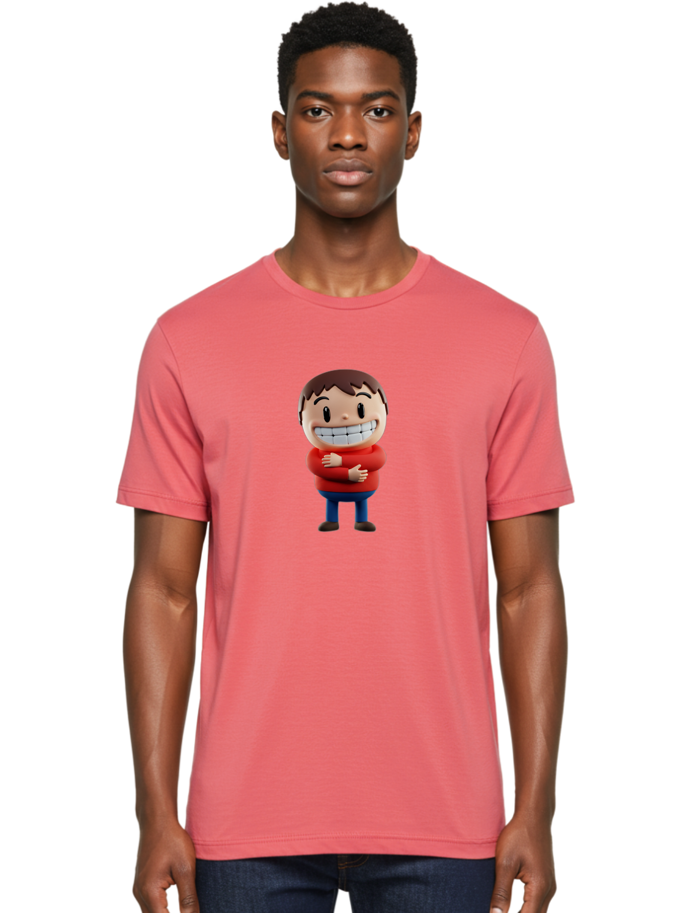 Smiling-Cartoon-Boy Men'S Graphic Tee, 100% Cotton, Comfortable Casual Summer Wear, Machine Washable, Happy Cartoon Character, Smiling Boy, Red Shirt, Blue Jeans, Brown Shoes, Charming Personality, Friendly Gesture, 3D Illustration, Bae285
