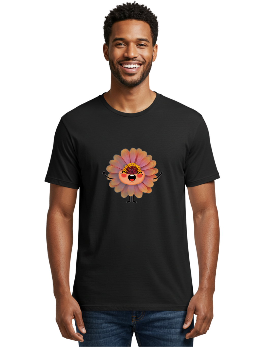 Smiling-Flower-Character Men'S Graphic Tee, 100% Cotton, Comfortable Casual Summer Wear, Machine Washable, Cartoon Flower, Anthropomorphic Flower, Smiling Face, Happy Expression, Colorful Petals, Pink And Green Hues, Whimsical Character, Bae286