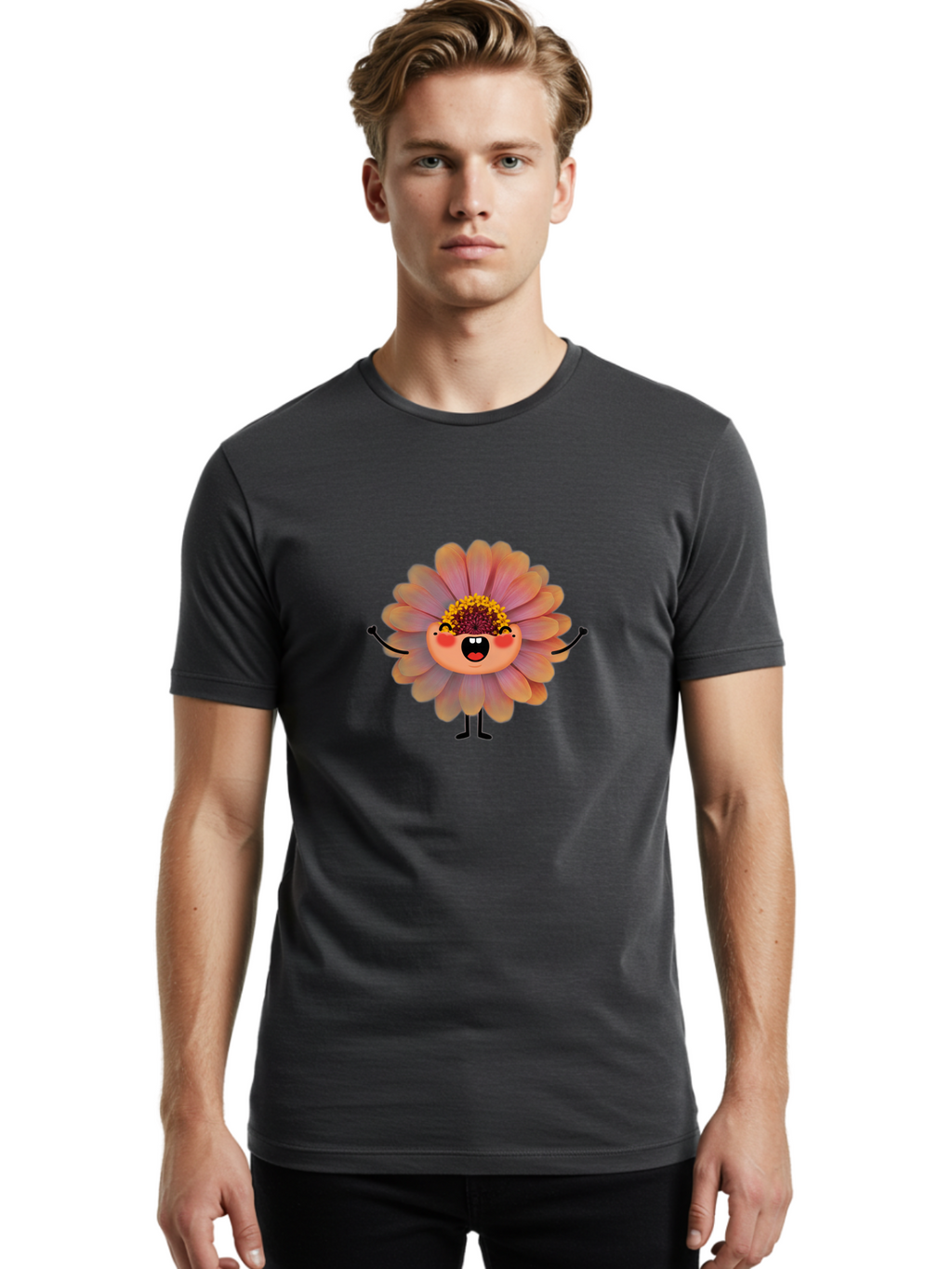 Smiling-Flower-Character Men'S Graphic Tee, 100% Cotton, Comfortable Casual Summer Wear, Machine Washable, Cartoon Flower, Anthropomorphic Flower, Smiling Face, Happy Expression, Colorful Petals, Pink And Green Hues, Whimsical Character, Bae286