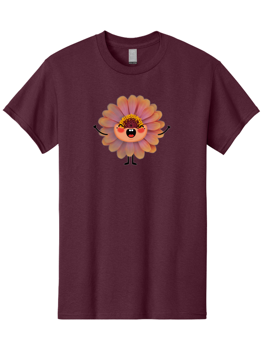 Smiling-Flower-Character Men'S Graphic Tee, 100% Cotton, Comfortable Casual Summer Wear, Machine Washable, Cartoon Flower, Anthropomorphic Flower, Smiling Face, Happy Expression, Colorful Petals, Pink And Green Hues, Whimsical Character, Bae286