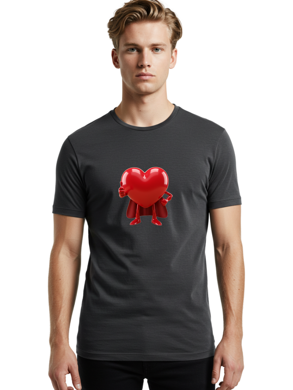 Super-Heart Men'S Graphic Tee, 100% Cotton, Comfortable Casual Summer Wear, Machine Washable, Heart Superhero, Red Heart Character, Thumbs Up Approval, Cape, Confidence, Positive Vibes, Cartoon Style, 3D Illustration, Love Symbol, Hero Pose Bae288