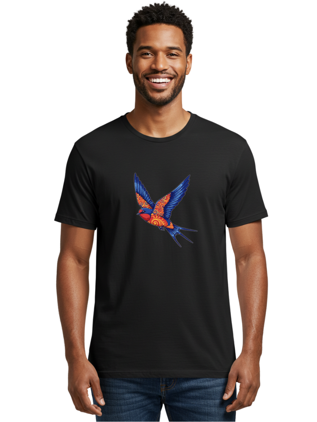 Swallow-2 Men'S Graphic Tee, 100% Cotton, Comfortable Casual Summer Wear, Machine Washable, Swallow Bird, Vibrant Bird Design, Red And Blue Bird, Ornate Patterns, Swirling Motifs, Bird In Flight, Colorful Artwork, Folk Art Style, Bae290