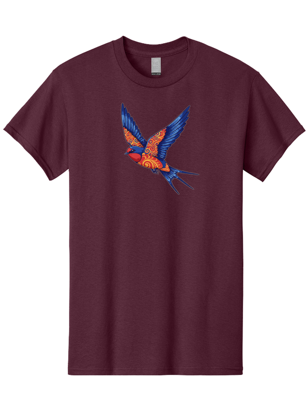 Swallow-2 Men'S Graphic Tee, 100% Cotton, Comfortable Casual Summer Wear, Machine Washable, Swallow Bird, Vibrant Bird Design, Red And Blue Bird, Ornate Patterns, Swirling Motifs, Bird In Flight, Colorful Artwork, Folk Art Style, Bae290