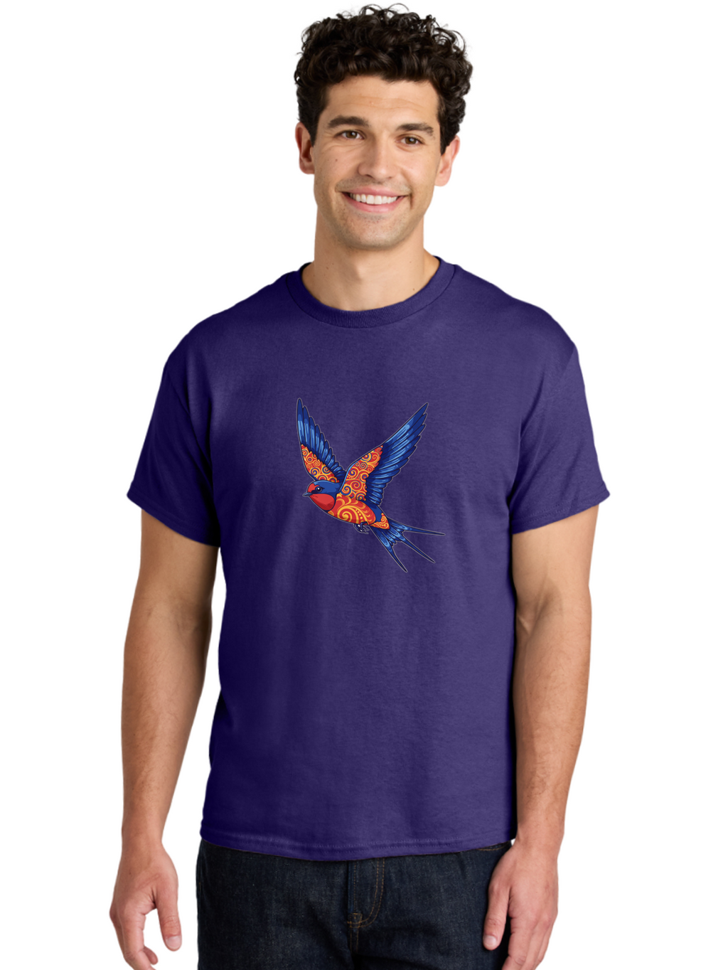 Swallow-2 Men'S Graphic Tee, 100% Cotton, Comfortable Casual Summer Wear, Machine Washable, Swallow Bird, Vibrant Bird Design, Red And Blue Bird, Ornate Patterns, Swirling Motifs, Bird In Flight, Colorful Artwork, Folk Art Style, Bae290