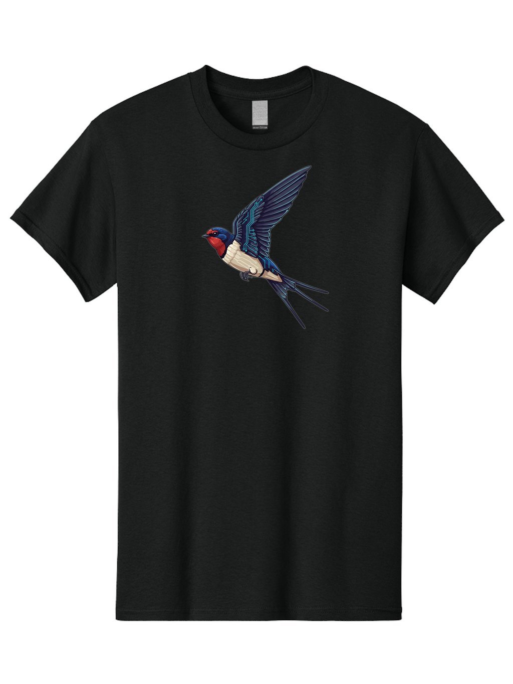 Swallow-3 Men'S Graphic Tee, 100% Cotton, Comfortable Casual Summer Wear, Machine Washable, Barn Swallow In Flight, Blue And White Plumage, Red Face, Sleek Design, Futuristic Elements, Circuit Board Wings, Wildlife Art, Stylized Bird, Bae291