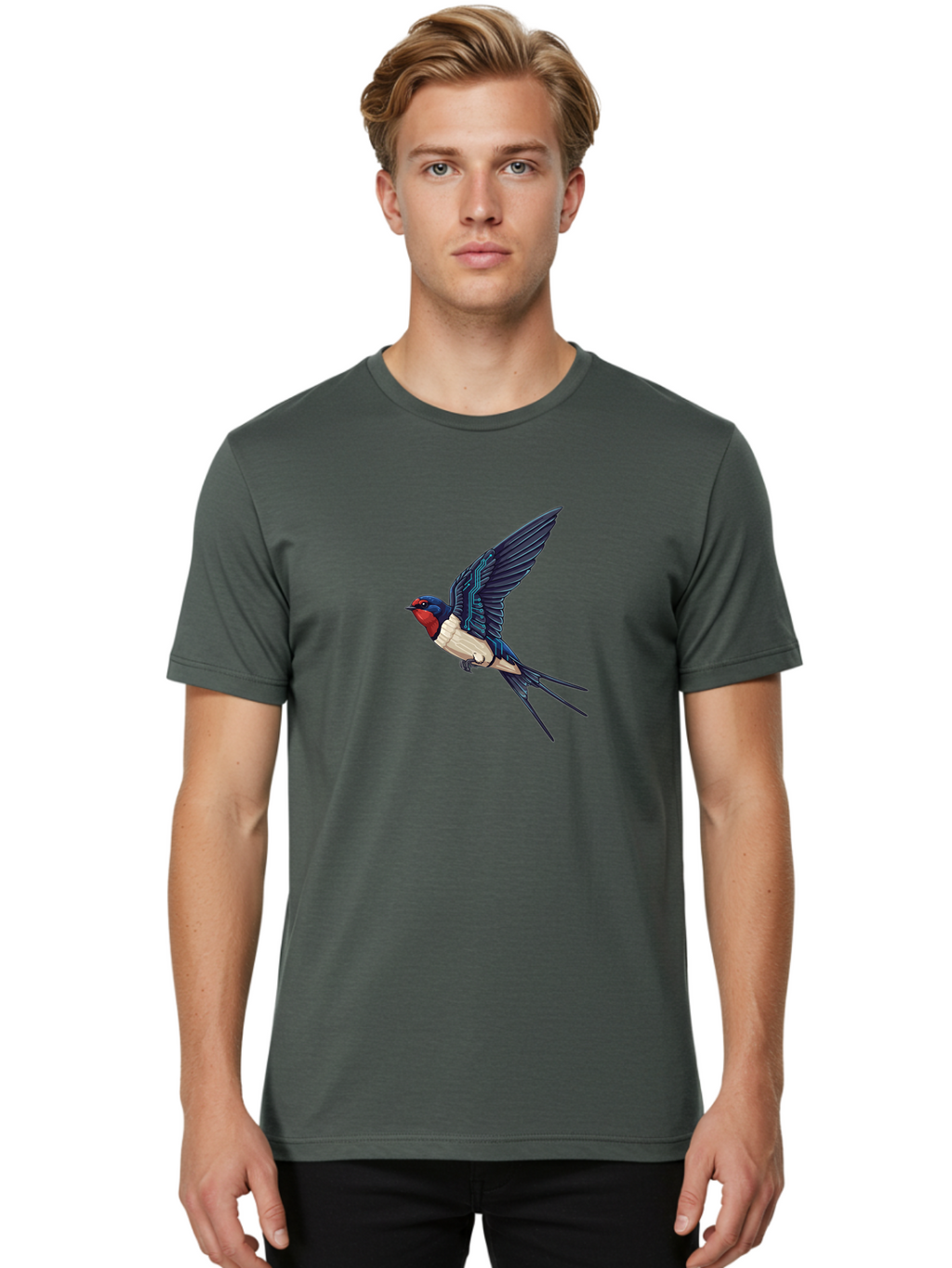 Swallow-3 Men'S Graphic Tee, 100% Cotton, Comfortable Casual Summer Wear, Machine Washable, Barn Swallow In Flight, Blue And White Plumage, Red Face, Sleek Design, Futuristic Elements, Circuit Board Wings, Wildlife Art, Stylized Bird, Bae291
