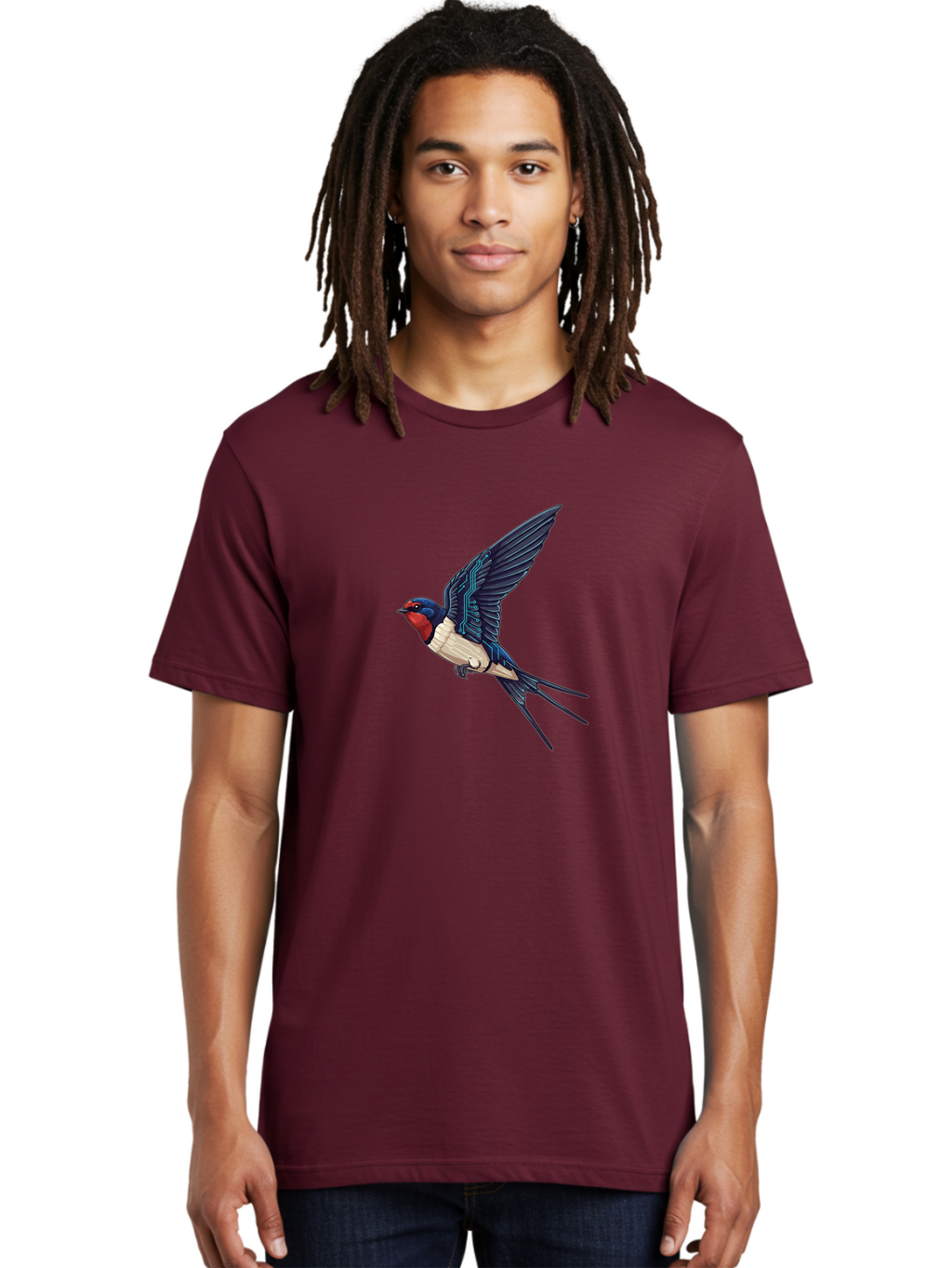 Swallow-3 Men'S Graphic Tee, 100% Cotton, Comfortable Casual Summer Wear, Machine Washable, Barn Swallow In Flight, Blue And White Plumage, Red Face, Sleek Design, Futuristic Elements, Circuit Board Wings, Wildlife Art, Stylized Bird, Bae291