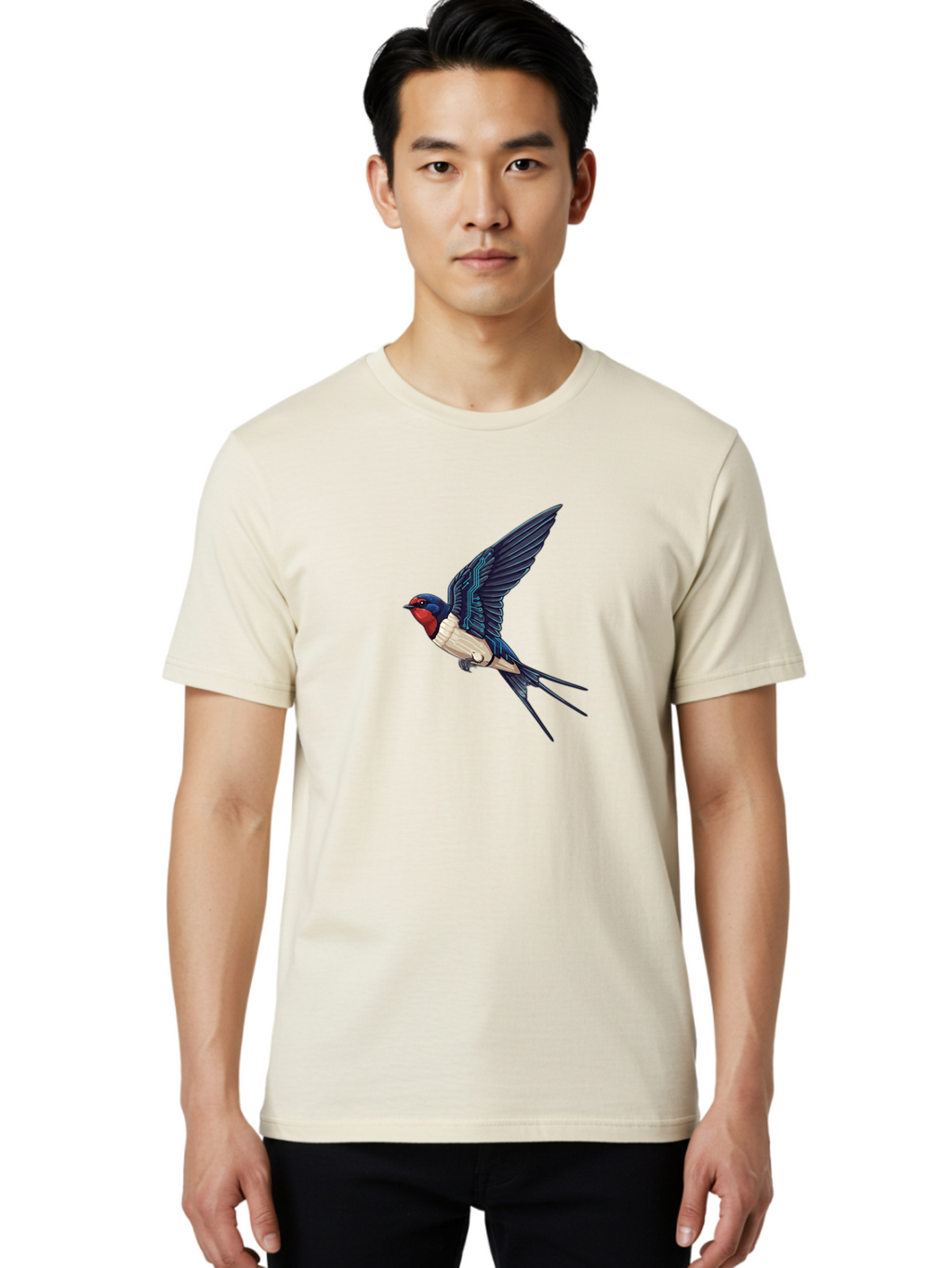 Swallow-3 Men'S Graphic Tee, 100% Cotton, Comfortable Casual Summer Wear, Machine Washable, Barn Swallow In Flight, Blue And White Plumage, Red Face, Sleek Design, Futuristic Elements, Circuit Board Wings, Wildlife Art, Stylized Bird, Bae291