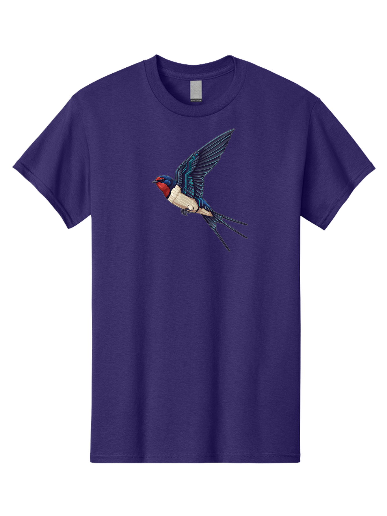 Swallow-3 Men'S Graphic Tee, 100% Cotton, Comfortable Casual Summer Wear, Machine Washable, Barn Swallow In Flight, Blue And White Plumage, Red Face, Sleek Design, Futuristic Elements, Circuit Board Wings, Wildlife Art, Stylized Bird, Bae291
