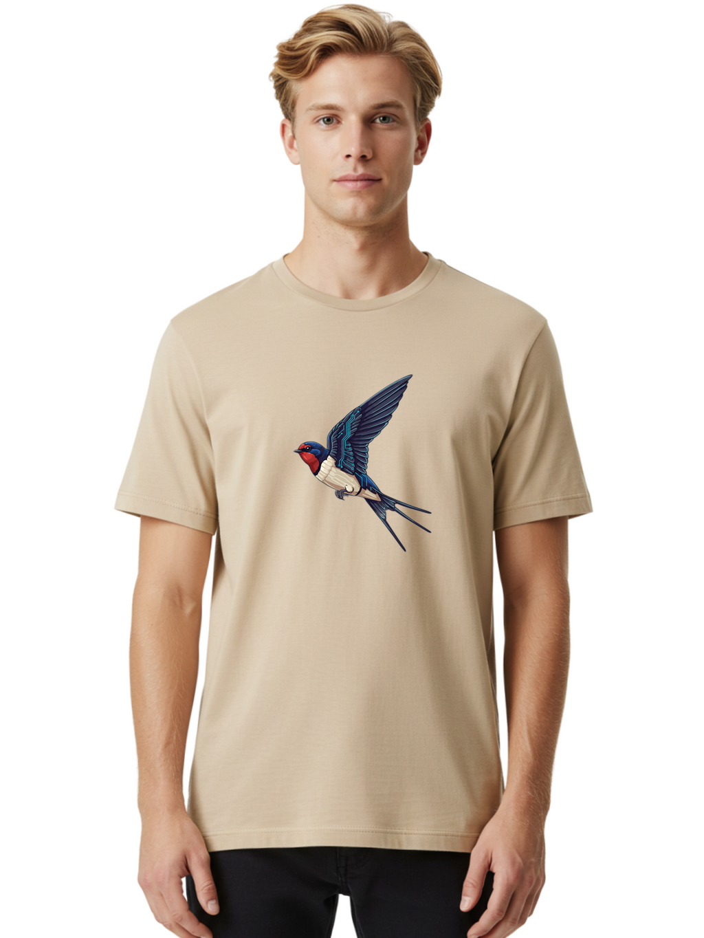Swallow-3 Men'S Graphic Tee, 100% Cotton, Comfortable Casual Summer Wear, Machine Washable, Barn Swallow In Flight, Blue And White Plumage, Red Face, Sleek Design, Futuristic Elements, Circuit Board Wings, Wildlife Art, Stylized Bird, Bae291