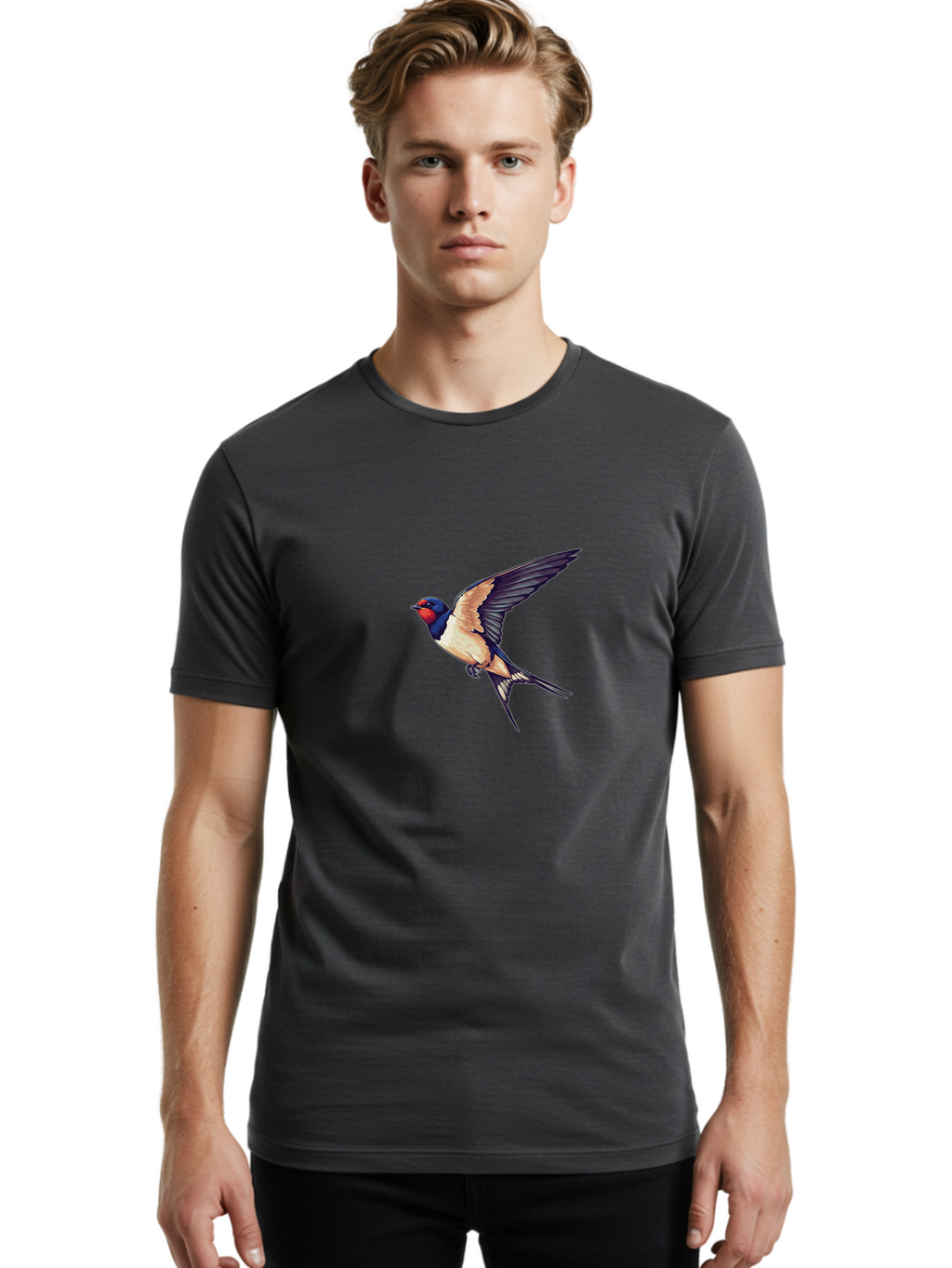 Swallow-Bird-1 Men'S Graphic Tee, 100% Cotton, Comfortable Casual Summer Wear, Machine Washable, Bird In Flight, Swallow Species, Blue And Red Head, White And Black Wings, Natural Flight, Birdwatching, Wildlife Photography, Migratory Bird, Bae292