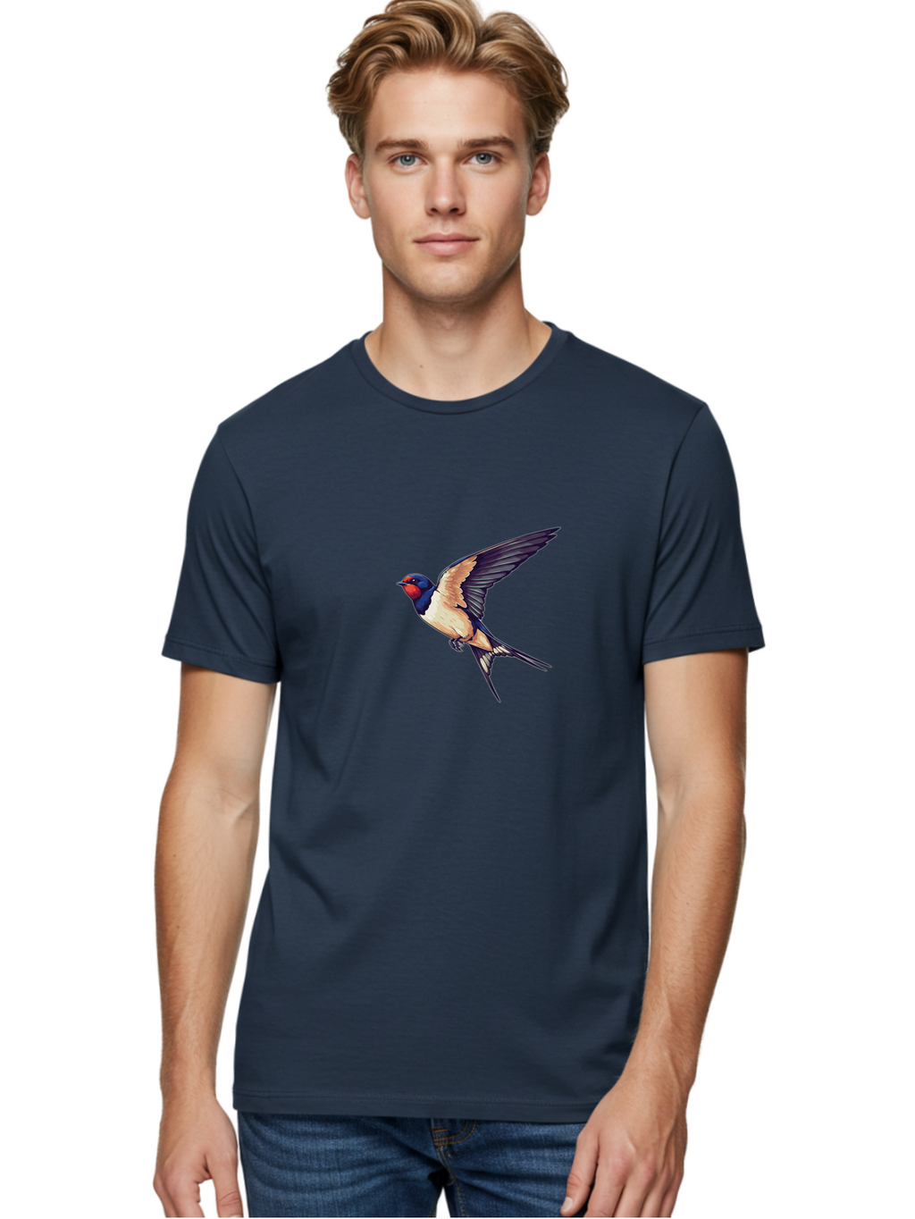 Swallow-Bird-1 Men'S Graphic Tee, 100% Cotton, Comfortable Casual Summer Wear, Machine Washable, Bird In Flight, Swallow Species, Blue And Red Head, White And Black Wings, Natural Flight, Birdwatching, Wildlife Photography, Migratory Bird, Bae292