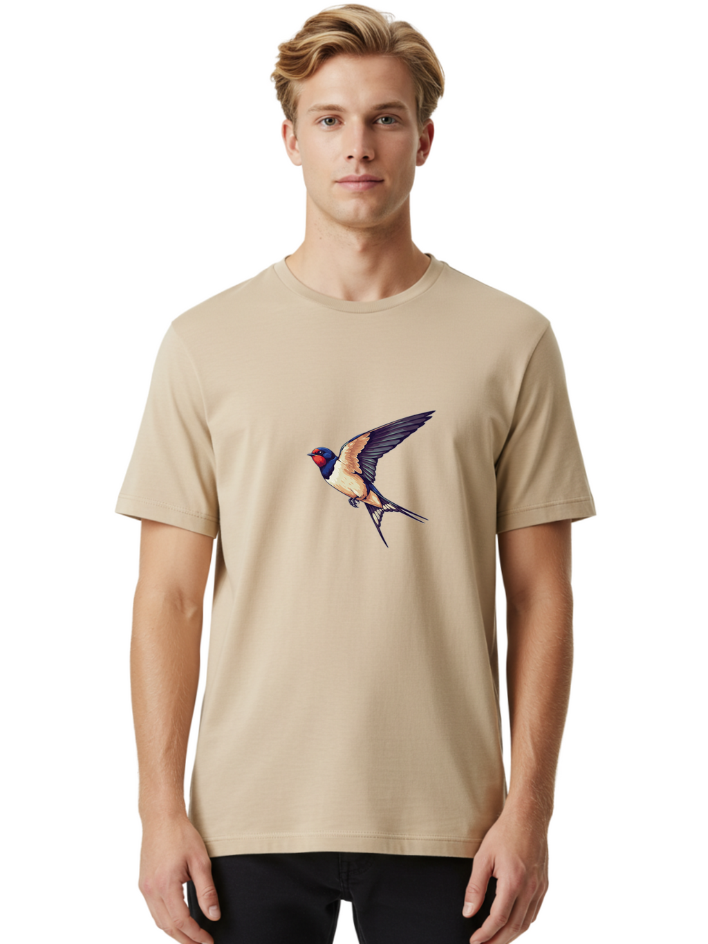 Swallow-Bird-1 Men'S Graphic Tee, 100% Cotton, Comfortable Casual Summer Wear, Machine Washable, Bird In Flight, Swallow Species, Blue And Red Head, White And Black Wings, Natural Flight, Birdwatching, Wildlife Photography, Migratory Bird, Bae292
