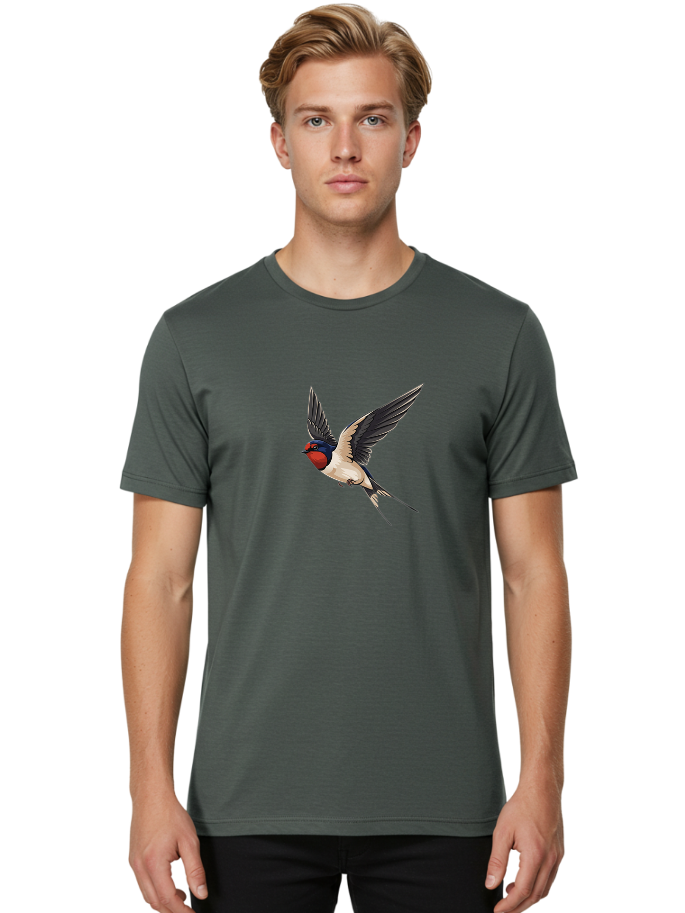 Swallow-Bird-In-Flight Men'S Graphic Tee, 100% Cotton, Comfortable Casual Summer Wear, Machine Washable, Swallow Bird In Flight, Red Face, Blue Head, White Belly, Black Wings, Bird Species, Wildlife Illustration, Flying Bird, Animal Art Bae293