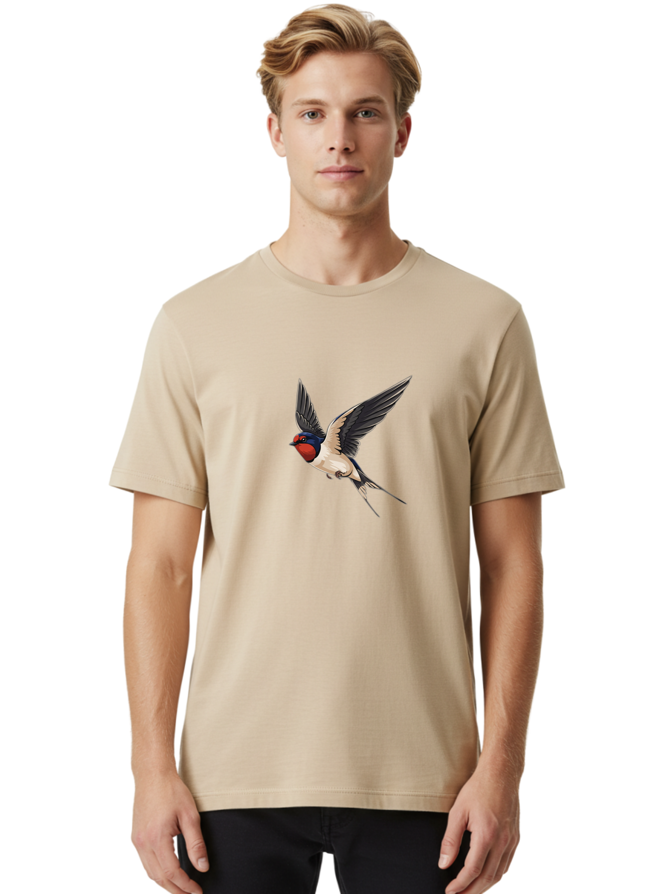 Swallow-Bird-In-Flight Men'S Graphic Tee, 100% Cotton, Comfortable Casual Summer Wear, Machine Washable, Swallow Bird In Flight, Red Face, Blue Head, White Belly, Black Wings, Bird Species, Wildlife Illustration, Flying Bird, Animal Art Bae293