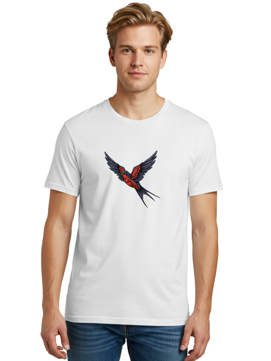 Swallow-In-Flight-1 Men'S Graphic Tee, 100% Cotton, Comfortable Casual Summer Wear, Machine Washable, Tribal Swallow Design, Bird In Flight, Red And Black Artwork, Tattoo Inspiration, Symbolic Bird, Winged Creature, Traditional Tattoo Art, Bae296