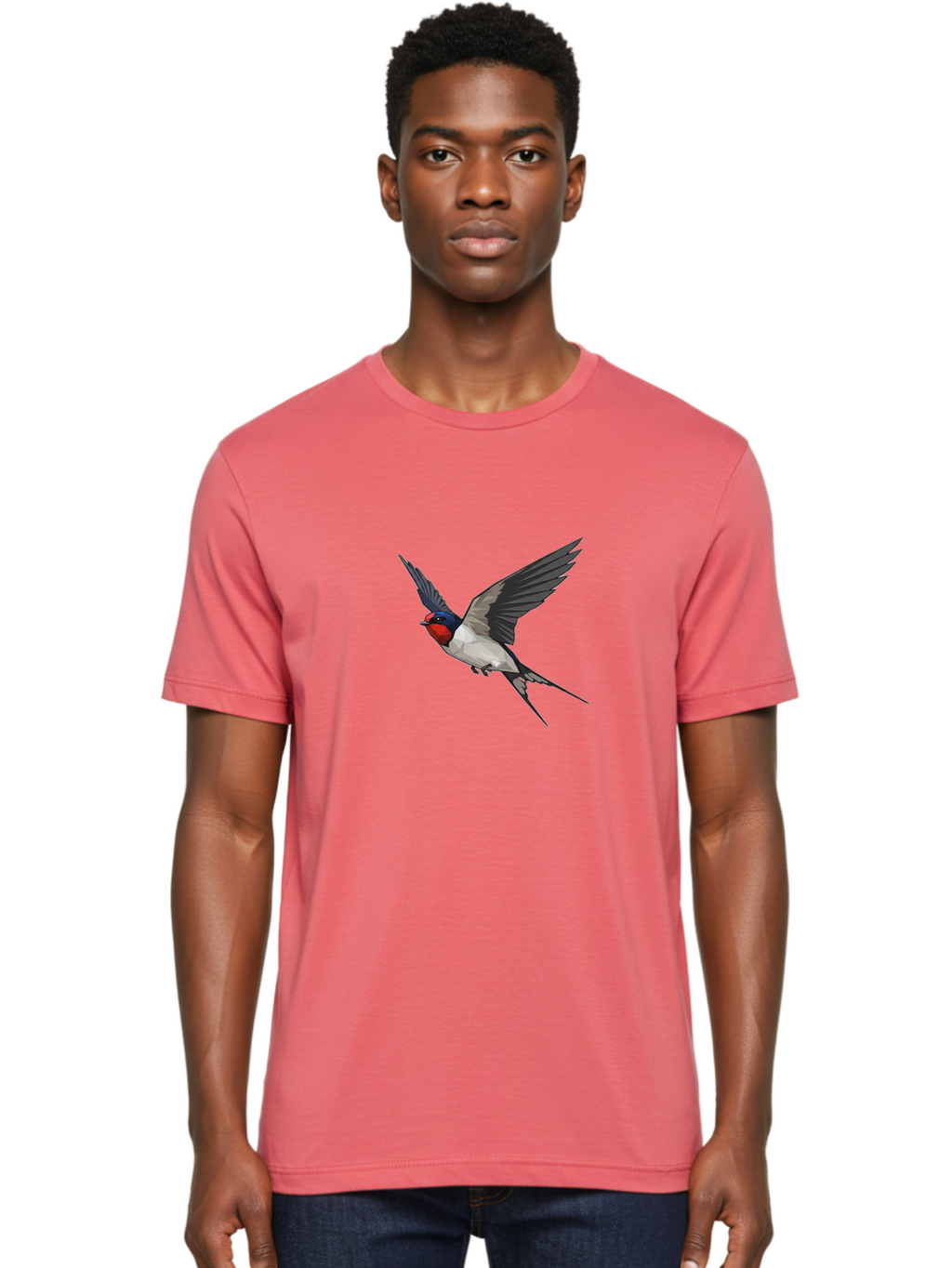 Swallow Men'S Graphic Tee, 100% Cotton, Comfortable Casual Summer Wear, Machine Washable, Swallow In Flight, Bird Flying, Wildlife Illustration, Colorful Plumage, Dynamic Movement, Avian Art, Cartoon Bird, Red Face, Blue Head, White Body, Bae299