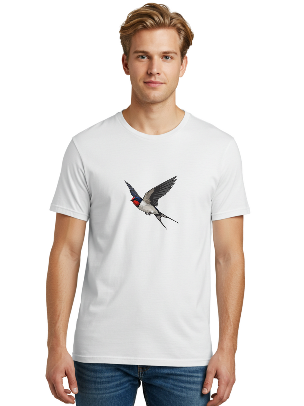 Swallow Men'S Graphic Tee, 100% Cotton, Comfortable Casual Summer Wear, Machine Washable, Swallow In Flight, Bird Flying, Wildlife Illustration, Colorful Plumage, Dynamic Movement, Avian Art, Cartoon Bird, Red Face, Blue Head, White Body, Bae299