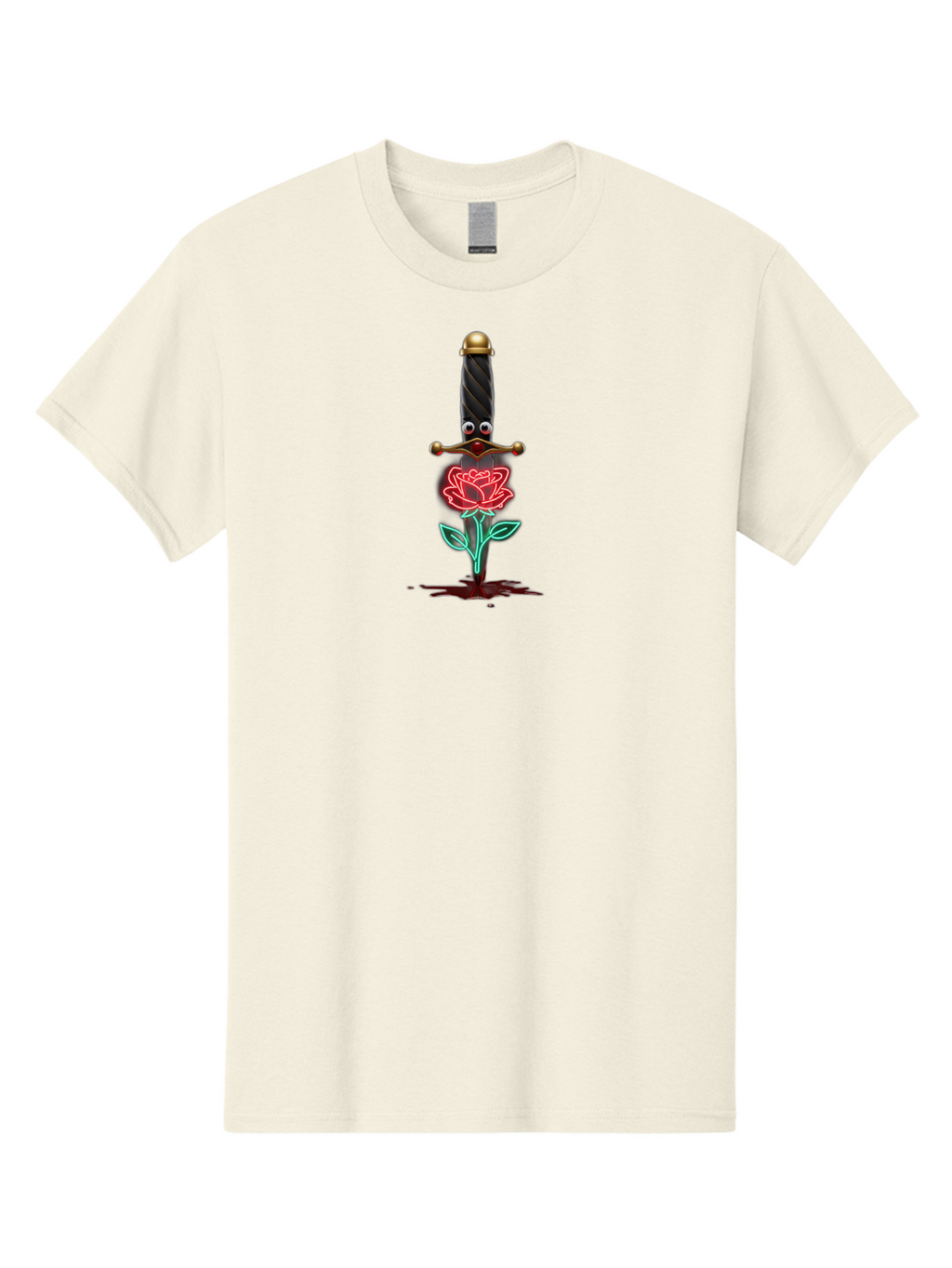 Sword-Stabbing-Rose Men'S Graphic Tee, 100% Cotton, Comfortable Casual Summer Wear, Machine Washable, Cartoon Sword, Stabbed Rose, Blood Splatter, Cartoon Eyes, Red Rose, Fantasy Art, Gothic Symbolism, Symbolic Imagery, Dark Romance Bae300