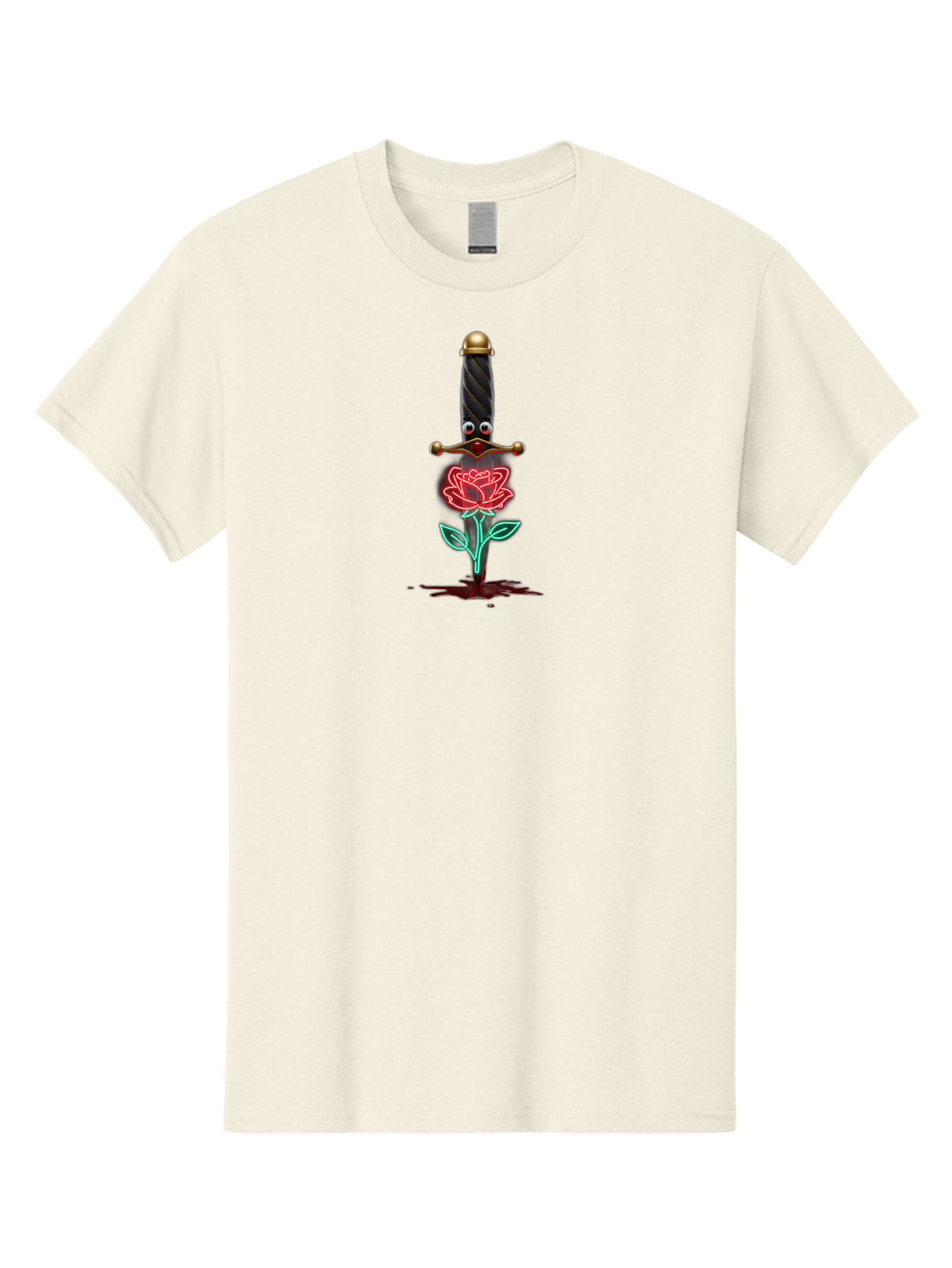 Sword-Stabbing-Rose Men'S Graphic Tee, 100% Cotton, Comfortable Casual Summer Wear, Machine Washable, Cartoon Sword, Stabbed Rose, Blood Splatter, Cartoon Eyes, Red Rose, Fantasy Art, Gothic Symbolism, Symbolic Imagery, Dark Romance Bae300