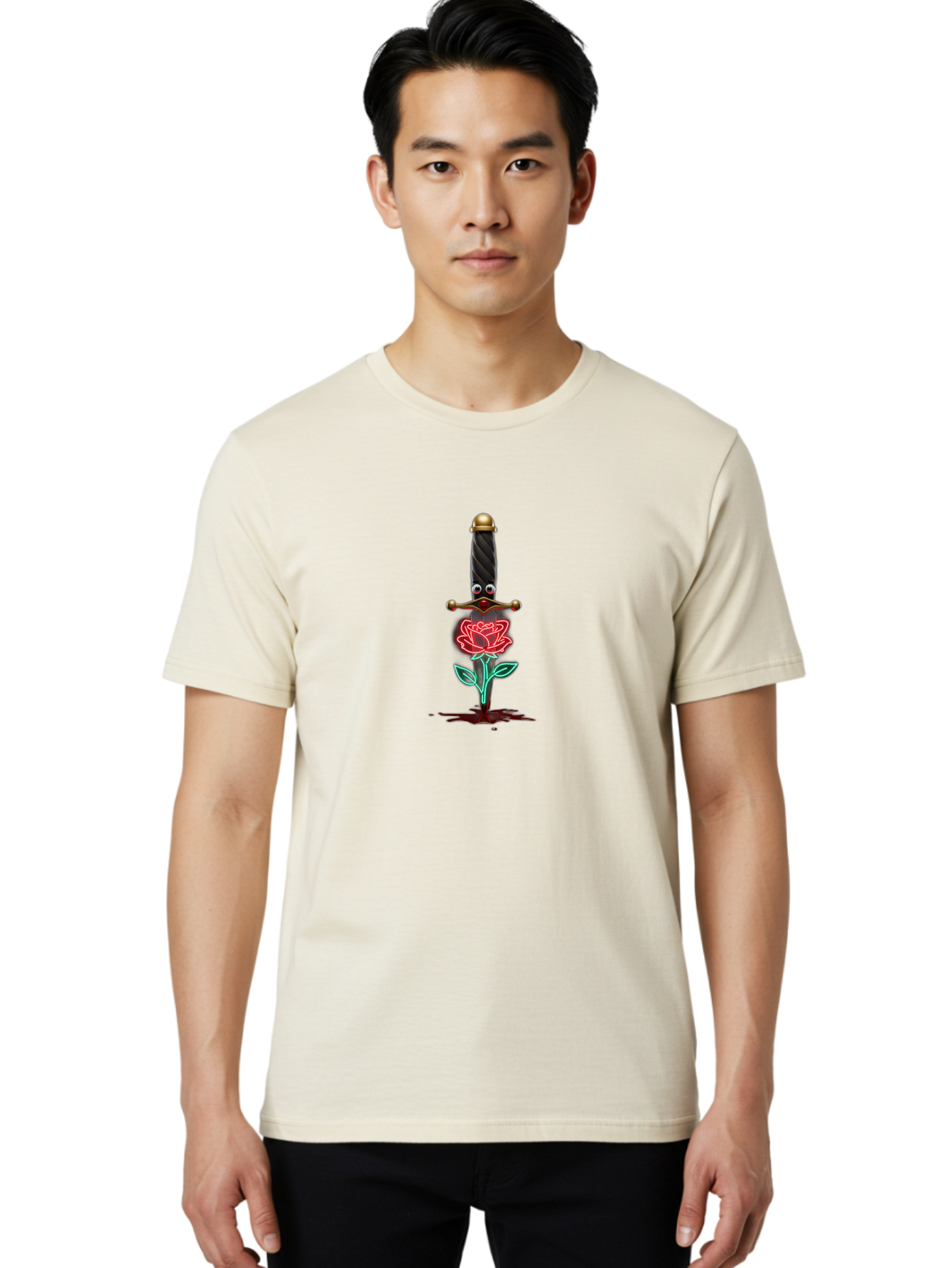 Sword-Stabbing-Rose Men'S Graphic Tee, 100% Cotton, Comfortable Casual Summer Wear, Machine Washable, Cartoon Sword, Stabbed Rose, Blood Splatter, Cartoon Eyes, Red Rose, Fantasy Art, Gothic Symbolism, Symbolic Imagery, Dark Romance Bae300