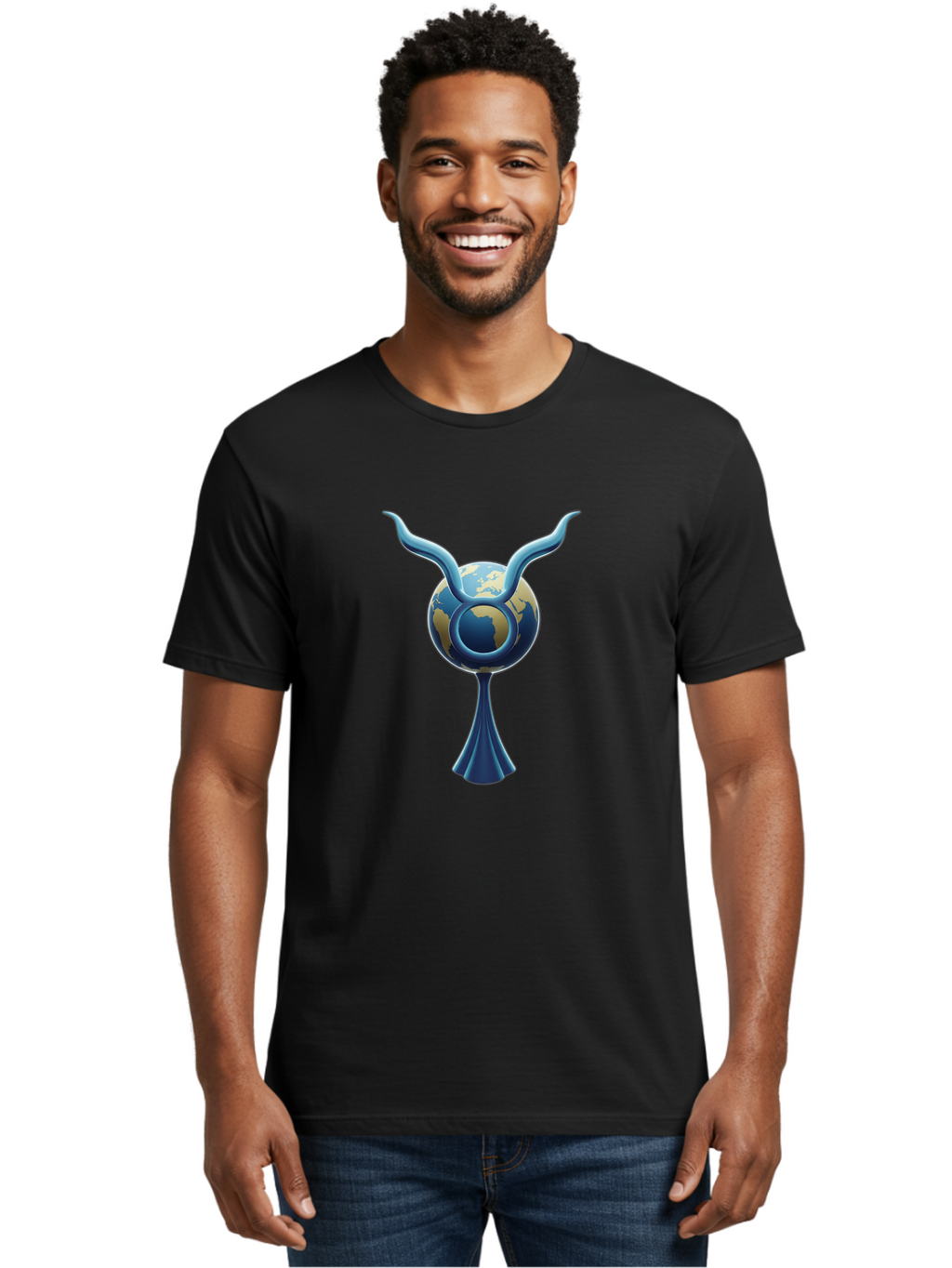 Taurus-1 Men'S Graphic Tee, 100% Cotton, Comfortable Casual Summer Wear, Machine Washable, Taurus Zodiac Sign, Astrological Symbol, Earthy Tone, Blue And Gold Globe, Flowing Design, Abstract Art, Horoscope, Horoscope Symbol, Astrology, Bae302