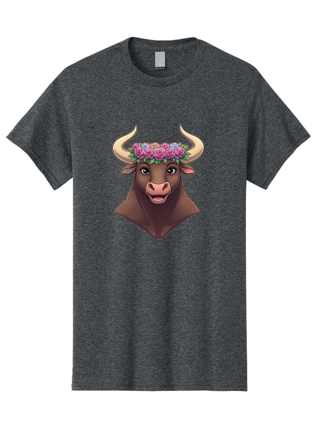 Taurus-Bull-Head Men'S Graphic Tee, 100% Cotton, Comfortable Casual Summer Wear, Machine Washable, Cartoon Bull, Floral Crown, Pink Roses, Purple Flowers, Happy Expression, Brown Cow, Large Horns, Whimsical Design, Illustration Art, Bae303
