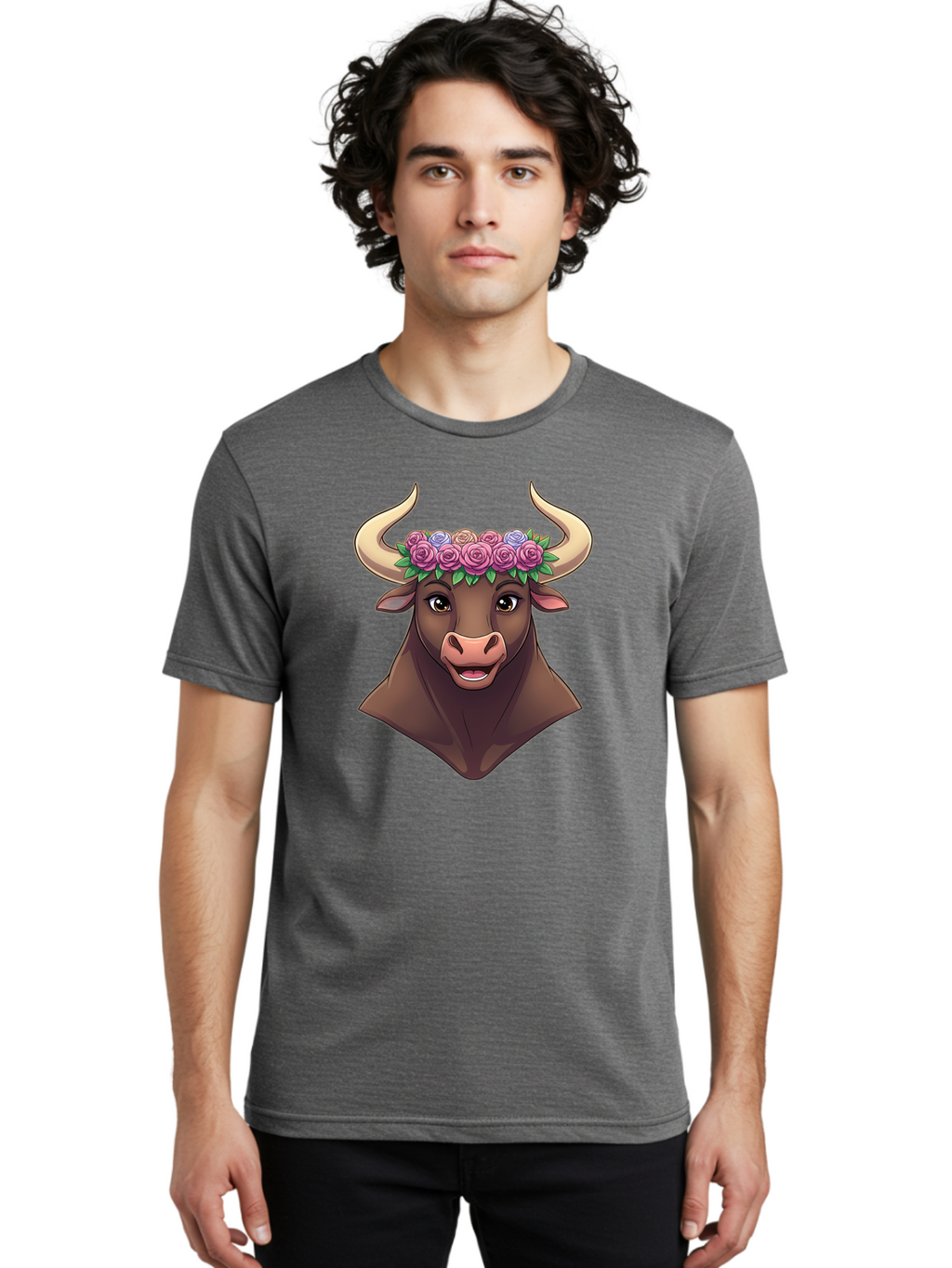 Taurus-Bull-Head Men'S Graphic Tee, 100% Cotton, Comfortable Casual Summer Wear, Machine Washable, Cartoon Bull, Floral Crown, Pink Roses, Purple Flowers, Happy Expression, Brown Cow, Large Horns, Whimsical Design, Illustration Art, Bae303