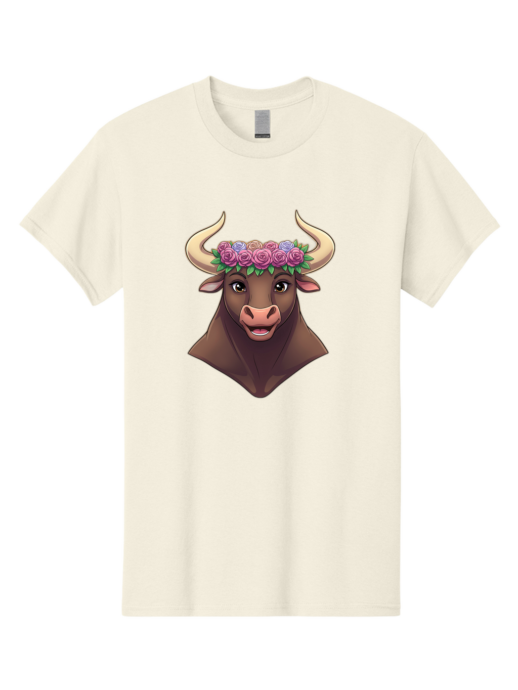 Taurus-Bull-Head Men'S Graphic Tee, 100% Cotton, Comfortable Casual Summer Wear, Machine Washable, Cartoon Bull, Floral Crown, Pink Roses, Purple Flowers, Happy Expression, Brown Cow, Large Horns, Whimsical Design, Illustration Art, Bae303