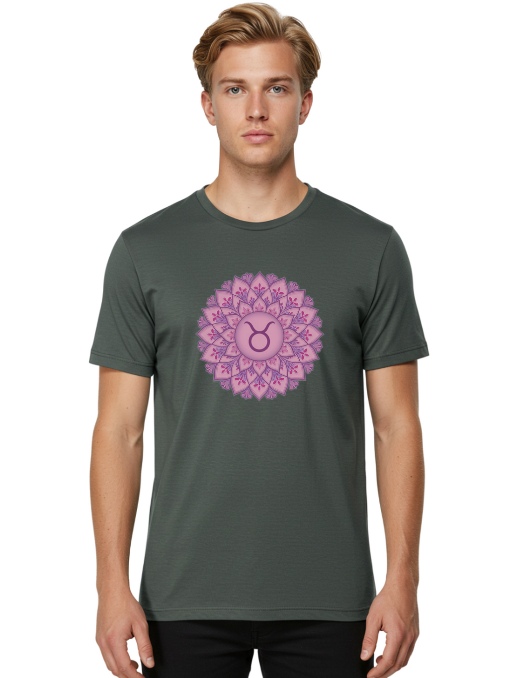 Taurus-Symbol-Mandala Men'S Graphic Tee, 100% Cotton, Comfortable Casual Summer Wear, Machine Washable, Taurus Symbol, Mandala Design, Floral Pattern, Purple Hues, Astrological Sign, Mystical Art, Zodiac Symbol, Spiritual Iconography, Bae304