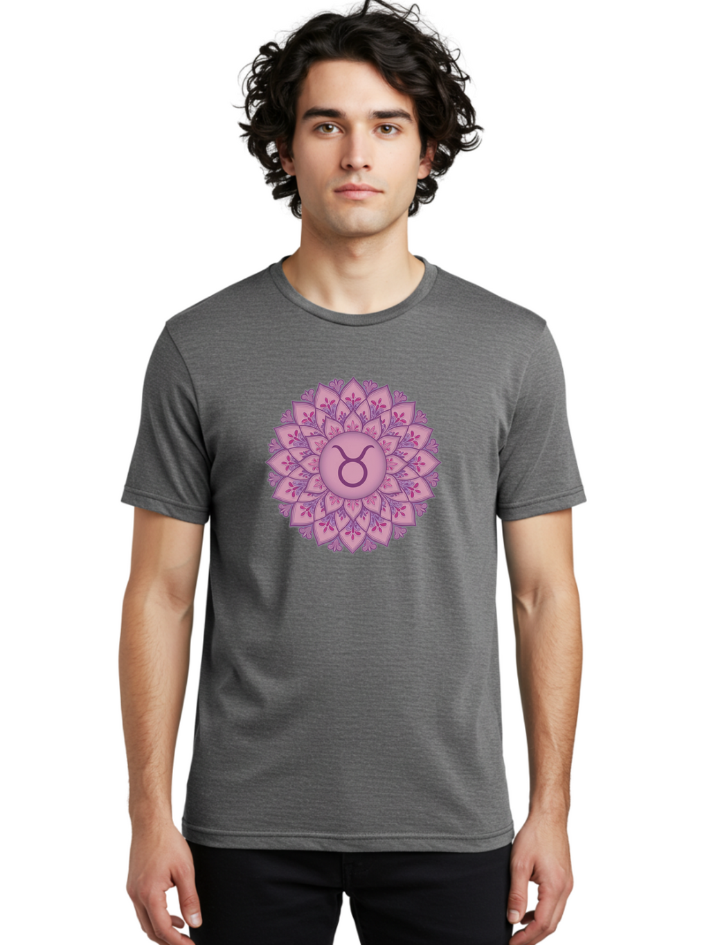 Taurus-Symbol-Mandala Men'S Graphic Tee, 100% Cotton, Comfortable Casual Summer Wear, Machine Washable, Taurus Symbol, Mandala Design, Floral Pattern, Purple Hues, Astrological Sign, Mystical Art, Zodiac Symbol, Spiritual Iconography, Bae304