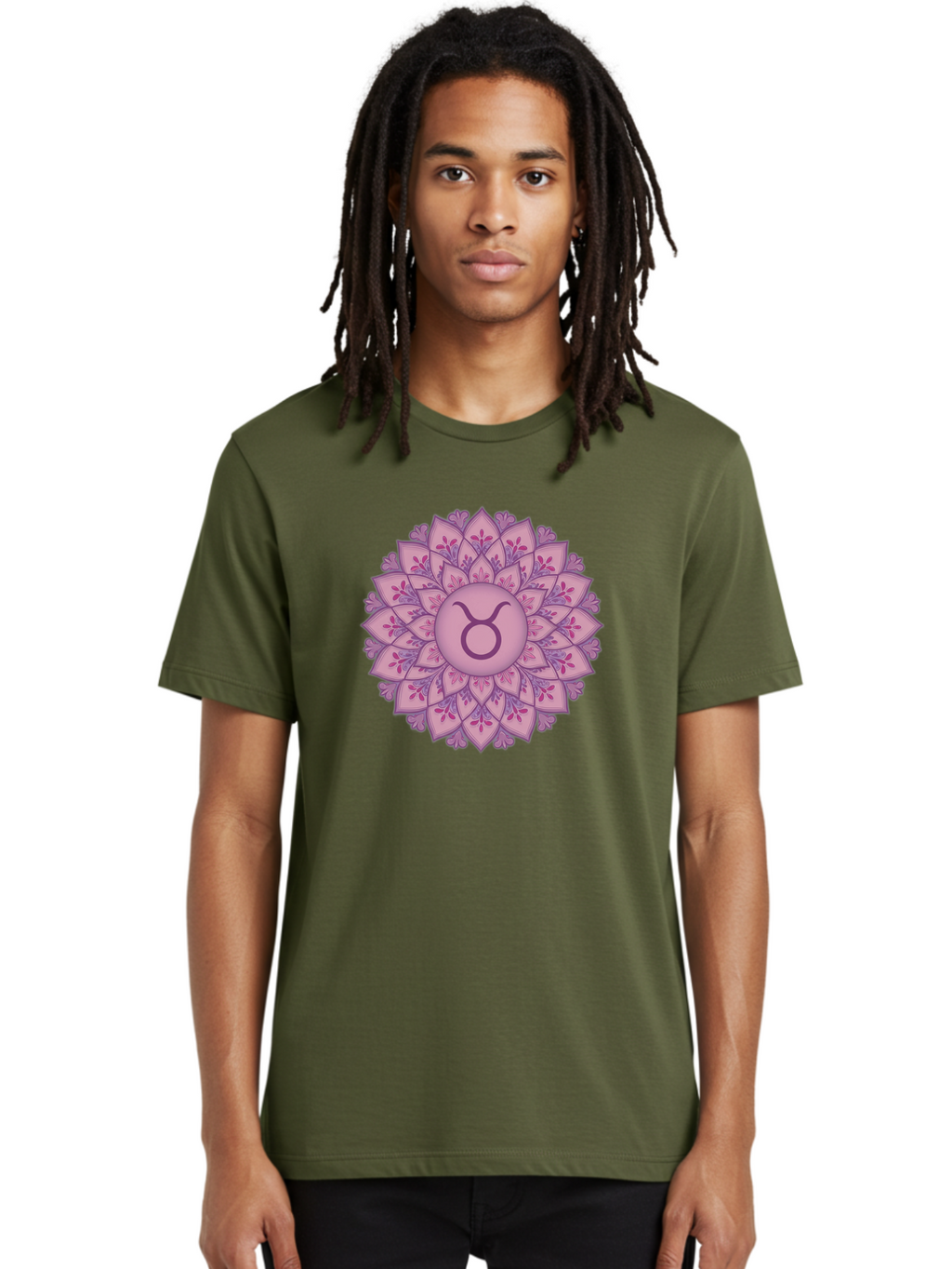 Taurus-Symbol-Mandala Men'S Graphic Tee, 100% Cotton, Comfortable Casual Summer Wear, Machine Washable, Taurus Symbol, Mandala Design, Floral Pattern, Purple Hues, Astrological Sign, Mystical Art, Zodiac Symbol, Spiritual Iconography, Bae304