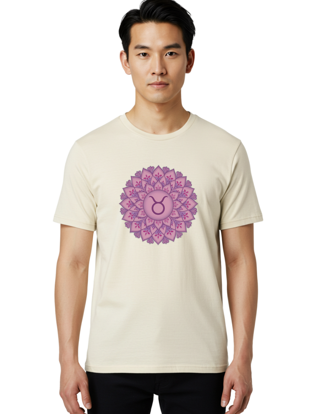 Taurus-Symbol-Mandala Men'S Graphic Tee, 100% Cotton, Comfortable Casual Summer Wear, Machine Washable, Taurus Symbol, Mandala Design, Floral Pattern, Purple Hues, Astrological Sign, Mystical Art, Zodiac Symbol, Spiritual Iconography, Bae304