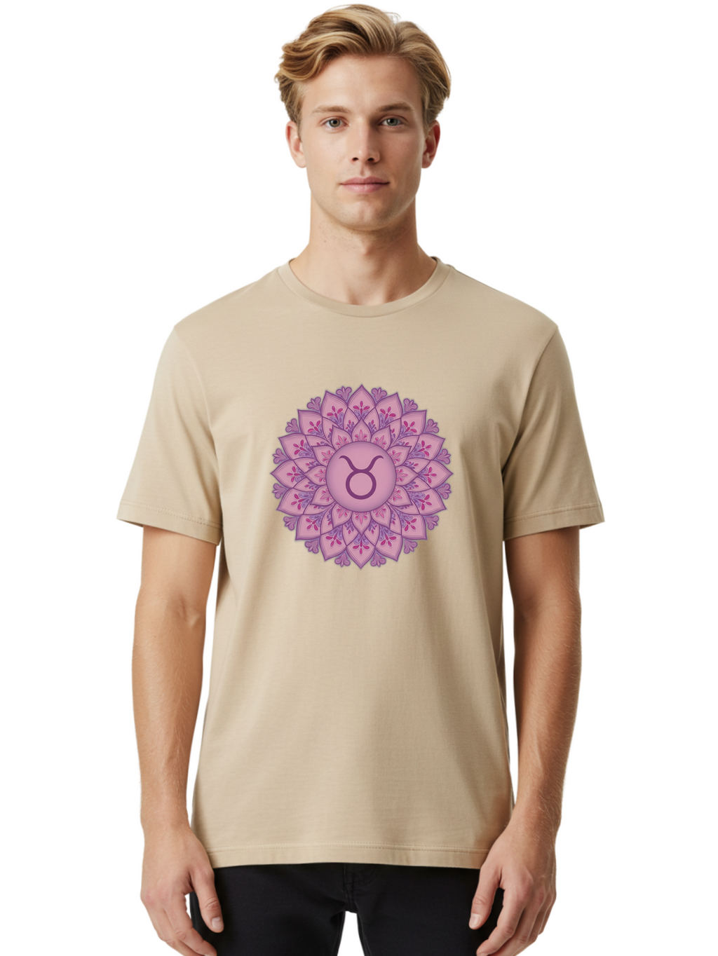 Taurus-Symbol-Mandala Men'S Graphic Tee, 100% Cotton, Comfortable Casual Summer Wear, Machine Washable, Taurus Symbol, Mandala Design, Floral Pattern, Purple Hues, Astrological Sign, Mystical Art, Zodiac Symbol, Spiritual Iconography, Bae304