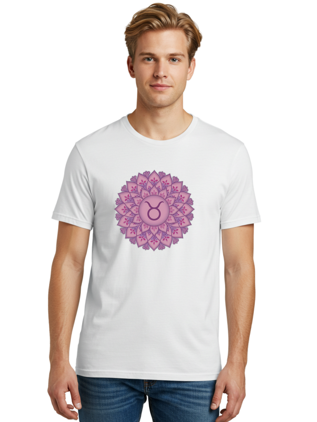 Taurus-Symbol-Mandala Men'S Graphic Tee, 100% Cotton, Comfortable Casual Summer Wear, Machine Washable, Taurus Symbol, Mandala Design, Floral Pattern, Purple Hues, Astrological Sign, Mystical Art, Zodiac Symbol, Spiritual Iconography, Bae304
