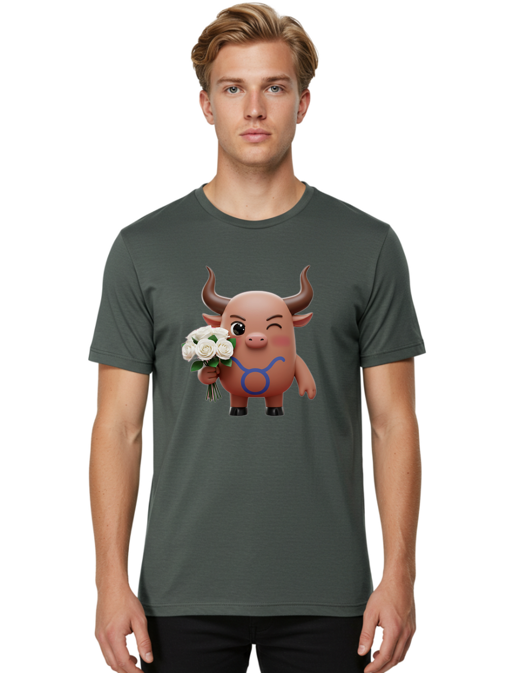 Taurus Men'S Graphic Tee, 100% Cotton, Comfortable Casual Summer Wear, Machine Washable, Taurus Zodiac Symbol, Cartoon Bull Character, Holding White Roses, Symbol Of Love, Astrological Sign, Bull Emoji, Cute Illustration, Zodiac Sign, Bae306