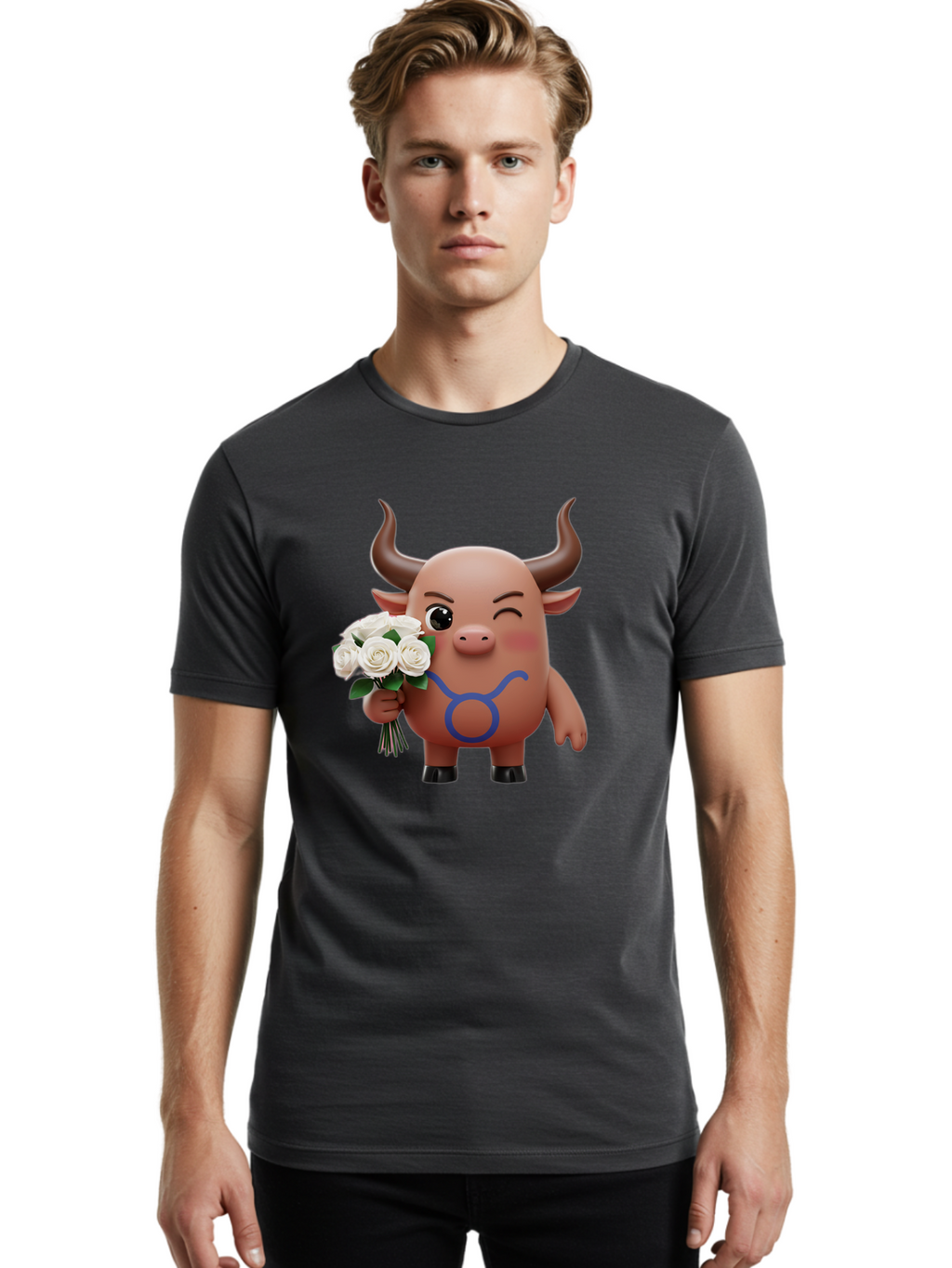 Taurus Men'S Graphic Tee, 100% Cotton, Comfortable Casual Summer Wear, Machine Washable, Taurus Zodiac Symbol, Cartoon Bull Character, Holding White Roses, Symbol Of Love, Astrological Sign, Bull Emoji, Cute Illustration, Zodiac Sign, Bae306