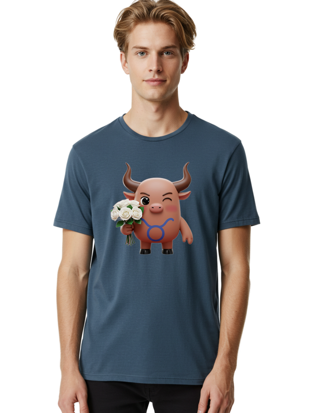 Taurus Men'S Graphic Tee, 100% Cotton, Comfortable Casual Summer Wear, Machine Washable, Taurus Zodiac Symbol, Cartoon Bull Character, Holding White Roses, Symbol Of Love, Astrological Sign, Bull Emoji, Cute Illustration, Zodiac Sign, Bae306