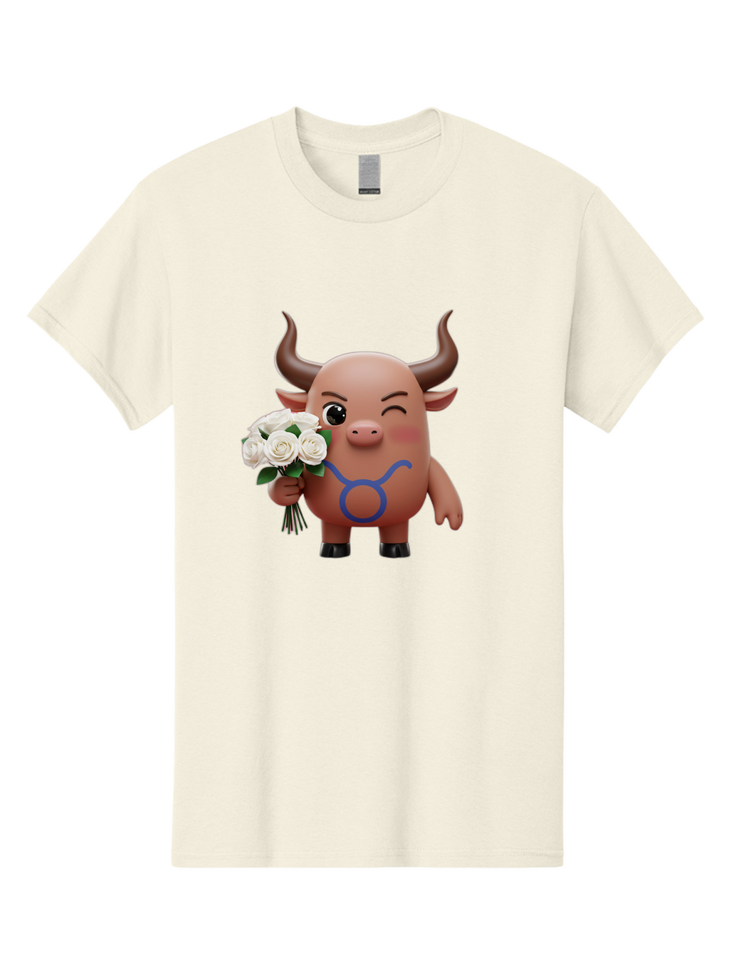 Taurus Men'S Graphic Tee, 100% Cotton, Comfortable Casual Summer Wear, Machine Washable, Taurus Zodiac Symbol, Cartoon Bull Character, Holding White Roses, Symbol Of Love, Astrological Sign, Bull Emoji, Cute Illustration, Zodiac Sign, Bae306