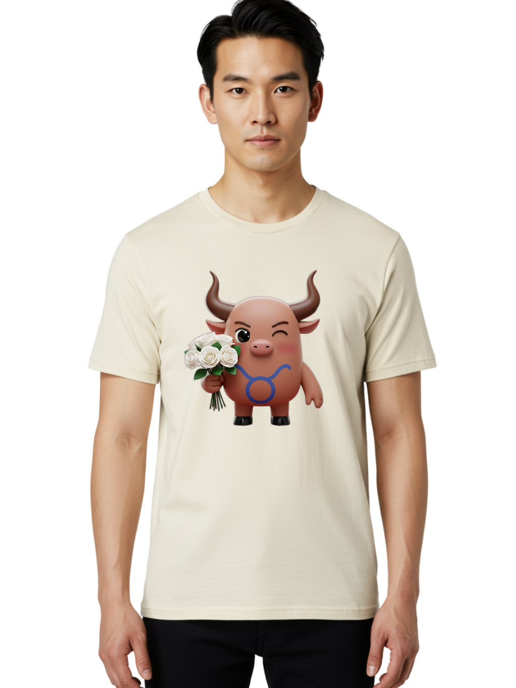 Taurus Men'S Graphic Tee, 100% Cotton, Comfortable Casual Summer Wear, Machine Washable, Taurus Zodiac Symbol, Cartoon Bull Character, Holding White Roses, Symbol Of Love, Astrological Sign, Bull Emoji, Cute Illustration, Zodiac Sign, Bae306