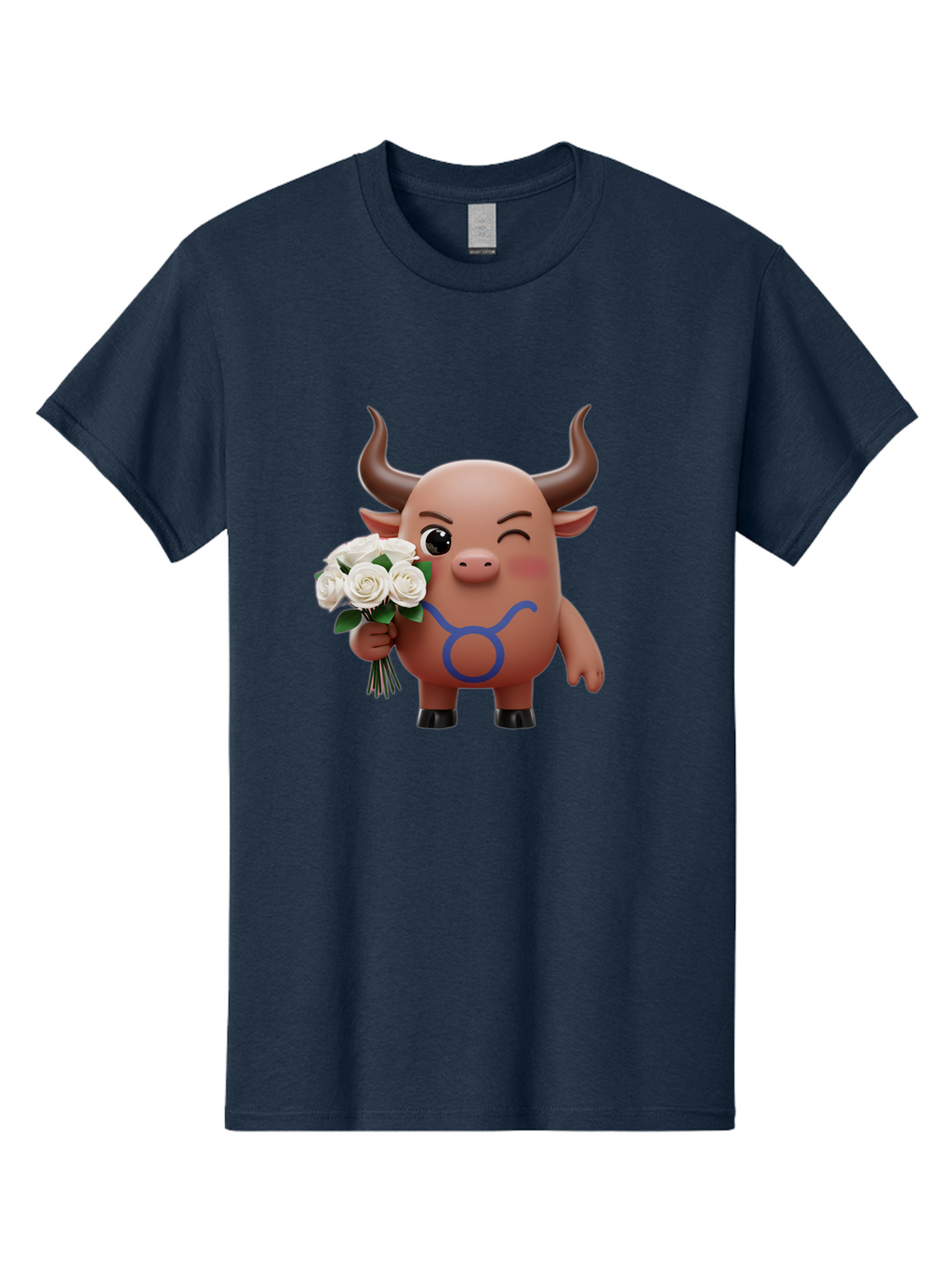 Taurus Men'S Graphic Tee, 100% Cotton, Comfortable Casual Summer Wear, Machine Washable, Taurus Zodiac Symbol, Cartoon Bull Character, Holding White Roses, Symbol Of Love, Astrological Sign, Bull Emoji, Cute Illustration, Zodiac Sign, Bae306