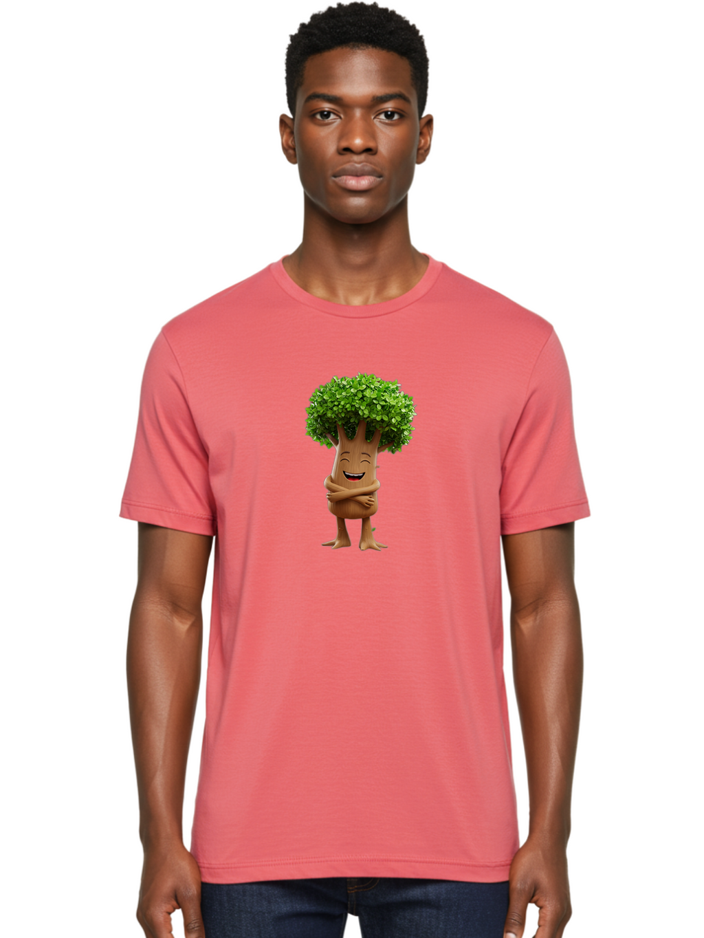 Tree-Character Men'S Graphic Tee, 100% Cotton, Comfortable Casual Summer Wear, Machine Washable, Cartoon Tree, Smiling Face, Happy Emotion, Green Leaves, Wooden Texture, Friendly Atmosphere, 3D Character, Eco-Friendly, Nature-Inspired, Bae308