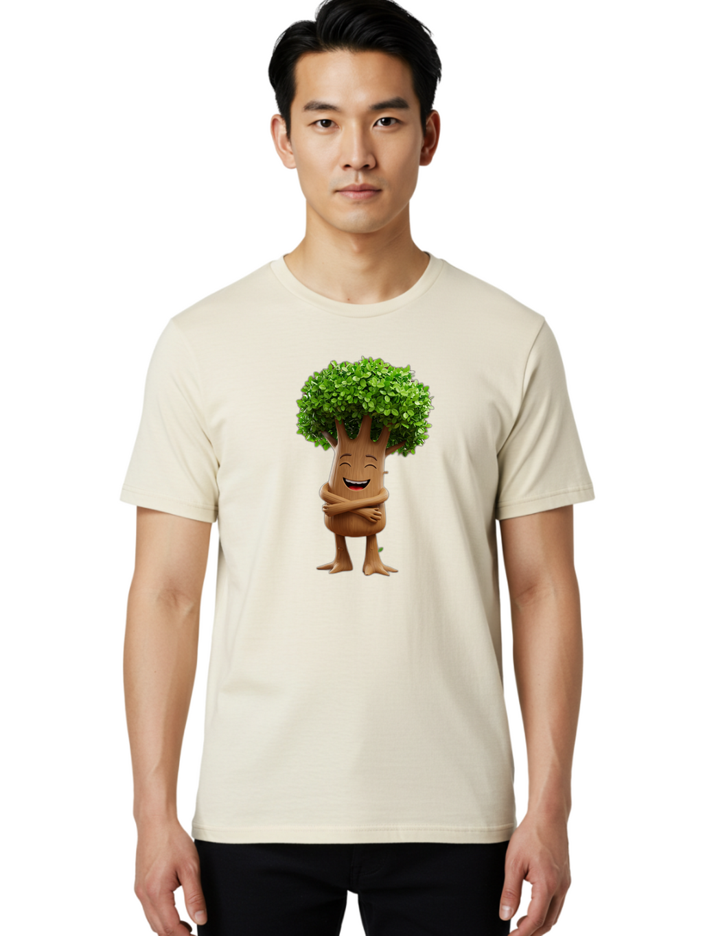 Tree-Character Men'S Graphic Tee, 100% Cotton, Comfortable Casual Summer Wear, Machine Washable, Cartoon Tree, Smiling Face, Happy Emotion, Green Leaves, Wooden Texture, Friendly Atmosphere, 3D Character, Eco-Friendly, Nature-Inspired, Bae308