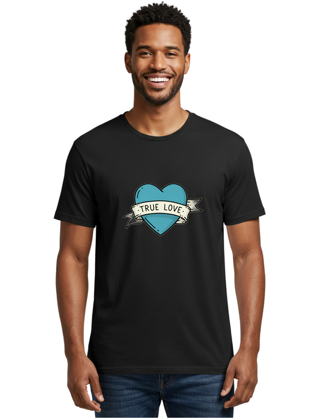True-Love-1 Men'S Graphic Tee, 100% Cotton, Comfortable Casual Summer Wear, Machine Washable, Tattoo Heart Design, Blue Heart Illustration, True Love Symbol, Banner Wrapped Heart, Classic Tattoo Style, Simple Design Elements, Bae309