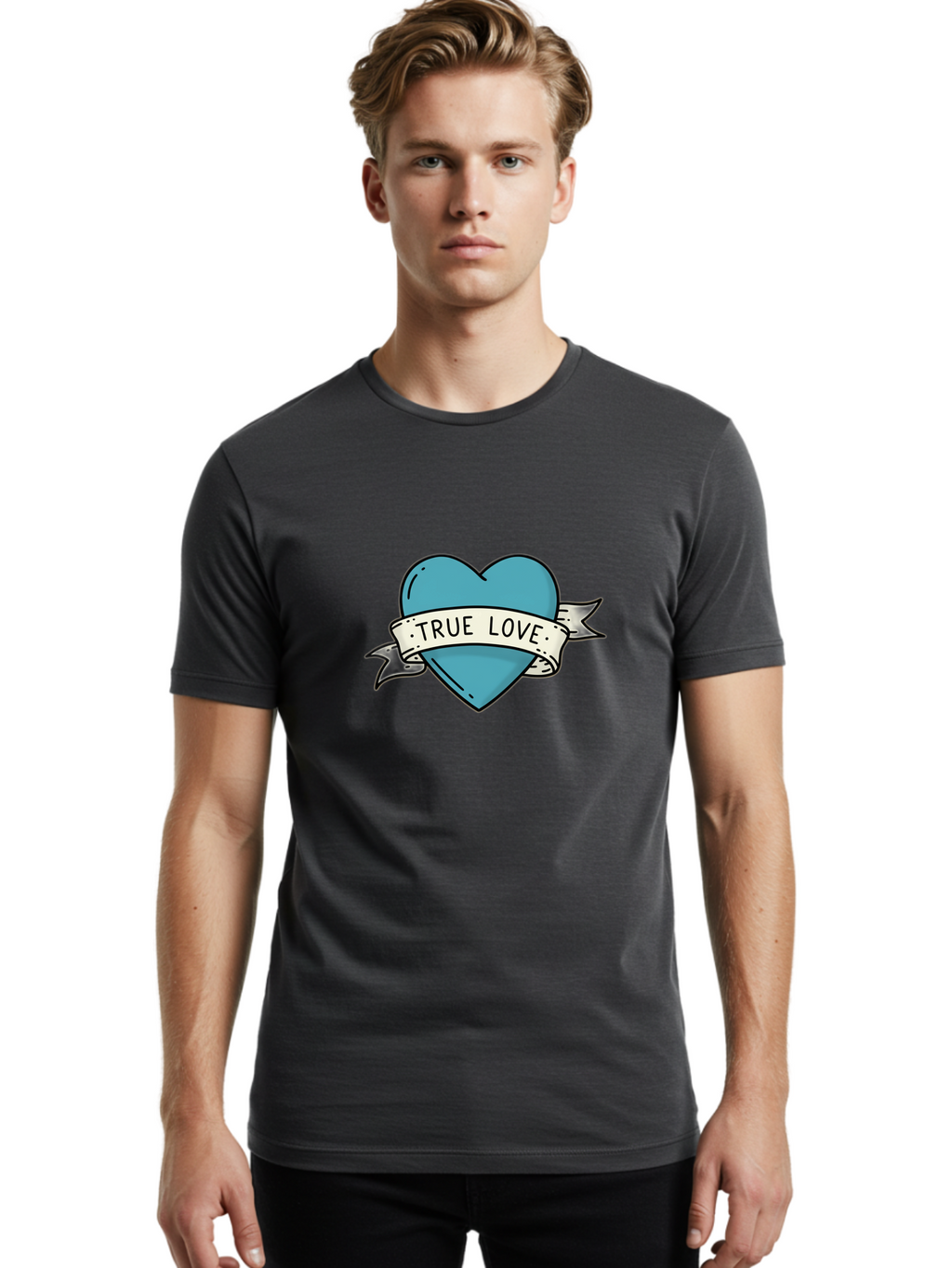 True-Love-1 Men'S Graphic Tee, 100% Cotton, Comfortable Casual Summer Wear, Machine Washable, Tattoo Heart Design, Blue Heart Illustration, True Love Symbol, Banner Wrapped Heart, Classic Tattoo Style, Simple Design Elements, Bae309