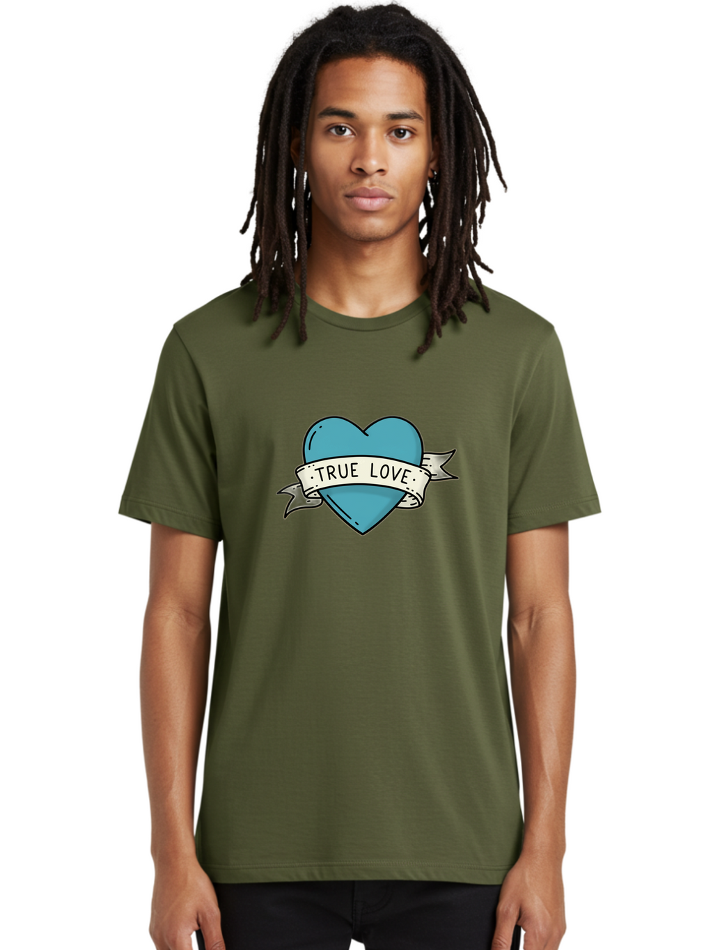 True-Love-1 Men'S Graphic Tee, 100% Cotton, Comfortable Casual Summer Wear, Machine Washable, Tattoo Heart Design, Blue Heart Illustration, True Love Symbol, Banner Wrapped Heart, Classic Tattoo Style, Simple Design Elements, Bae309