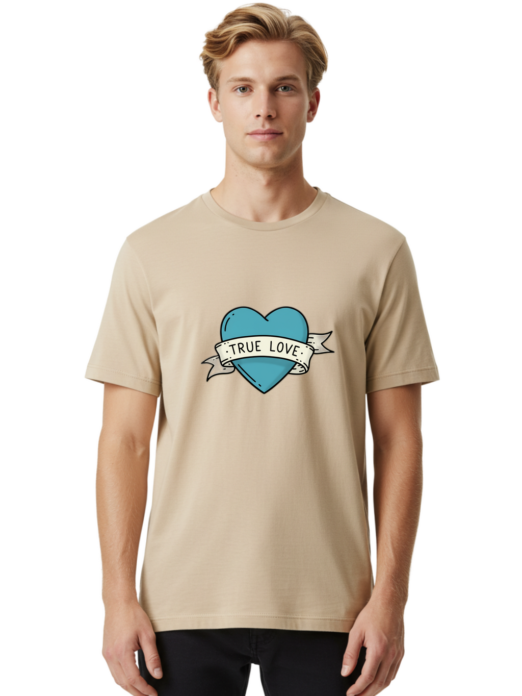 True-Love-1 Men'S Graphic Tee, 100% Cotton, Comfortable Casual Summer Wear, Machine Washable, Tattoo Heart Design, Blue Heart Illustration, True Love Symbol, Banner Wrapped Heart, Classic Tattoo Style, Simple Design Elements, Bae309
