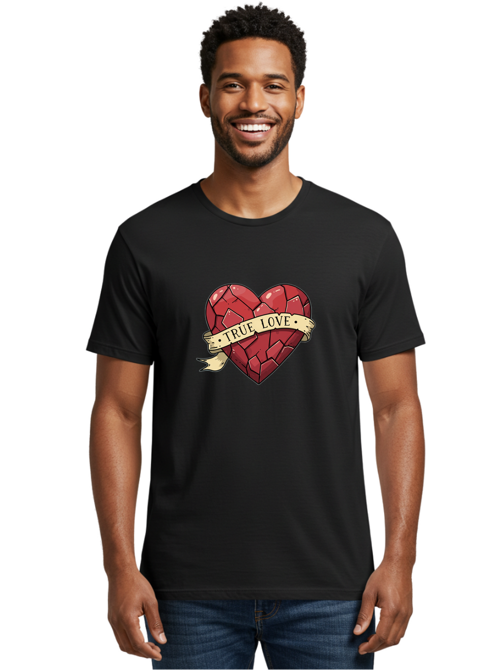 True-Love-10 Men'S Graphic Tee, 100% Cotton, Comfortable Casual Summer Wear, Machine Washable, Shattered Heart, Broken Heart, True Love, Vintage Style, Tattoo Art, Heartbreak, Love Symbol, Red Heart, Beige Ribbon Bae310