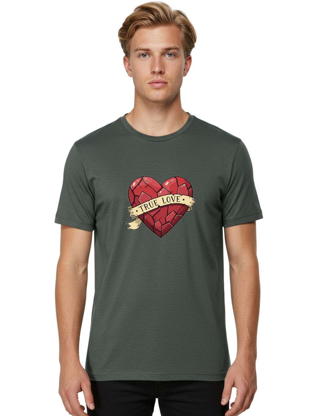 True-Love-10 Men'S Graphic Tee, 100% Cotton, Comfortable Casual Summer Wear, Machine Washable, Shattered Heart, Broken Heart, True Love, Vintage Style, Tattoo Art, Heartbreak, Love Symbol, Red Heart, Beige Ribbon Bae310