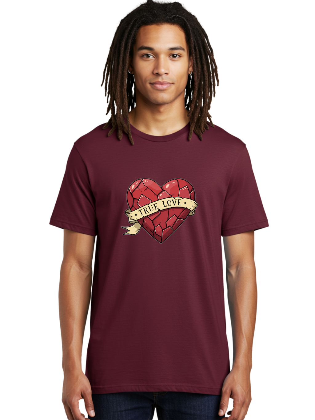 True-Love-10 Men'S Graphic Tee, 100% Cotton, Comfortable Casual Summer Wear, Machine Washable, Shattered Heart, Broken Heart, True Love, Vintage Style, Tattoo Art, Heartbreak, Love Symbol, Red Heart, Beige Ribbon Bae310